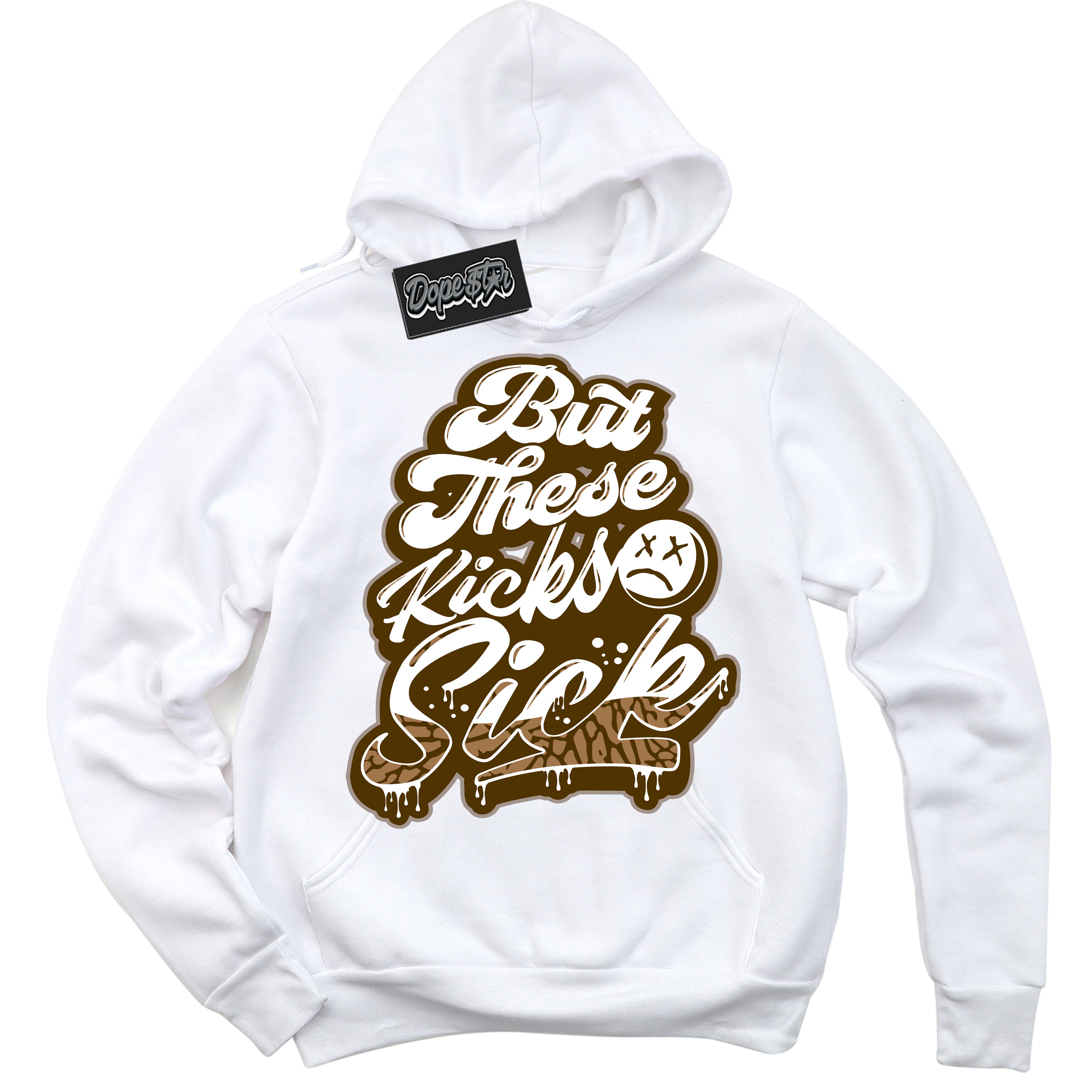 Cool White Graphic DopeStar Hoodie with “ Kick Sick “ print, that perfectly matches Palomino 3s sneakers