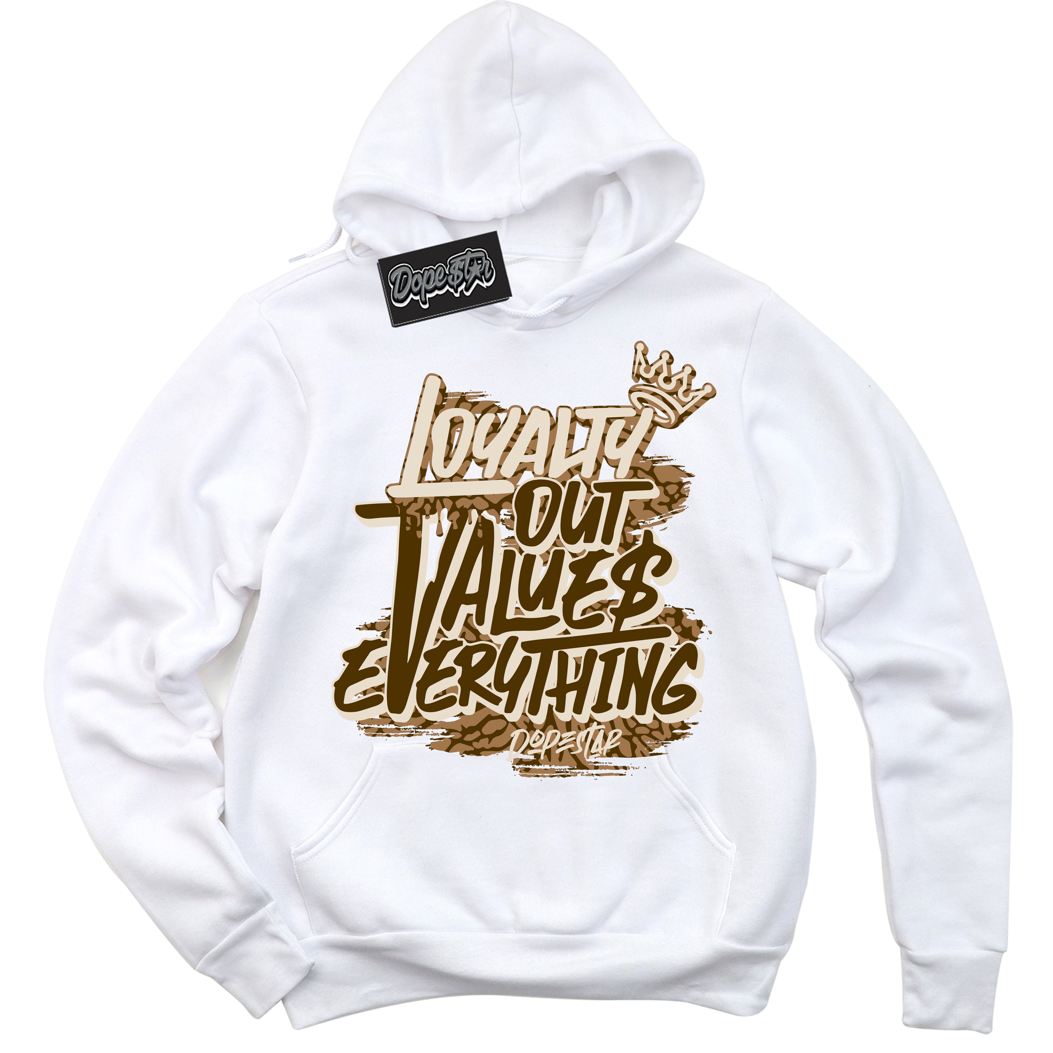 Cool White Hoodie with “ Loyalty Out Values Everything ” design that Perfectly Matches Palomino 3s Sneakers.