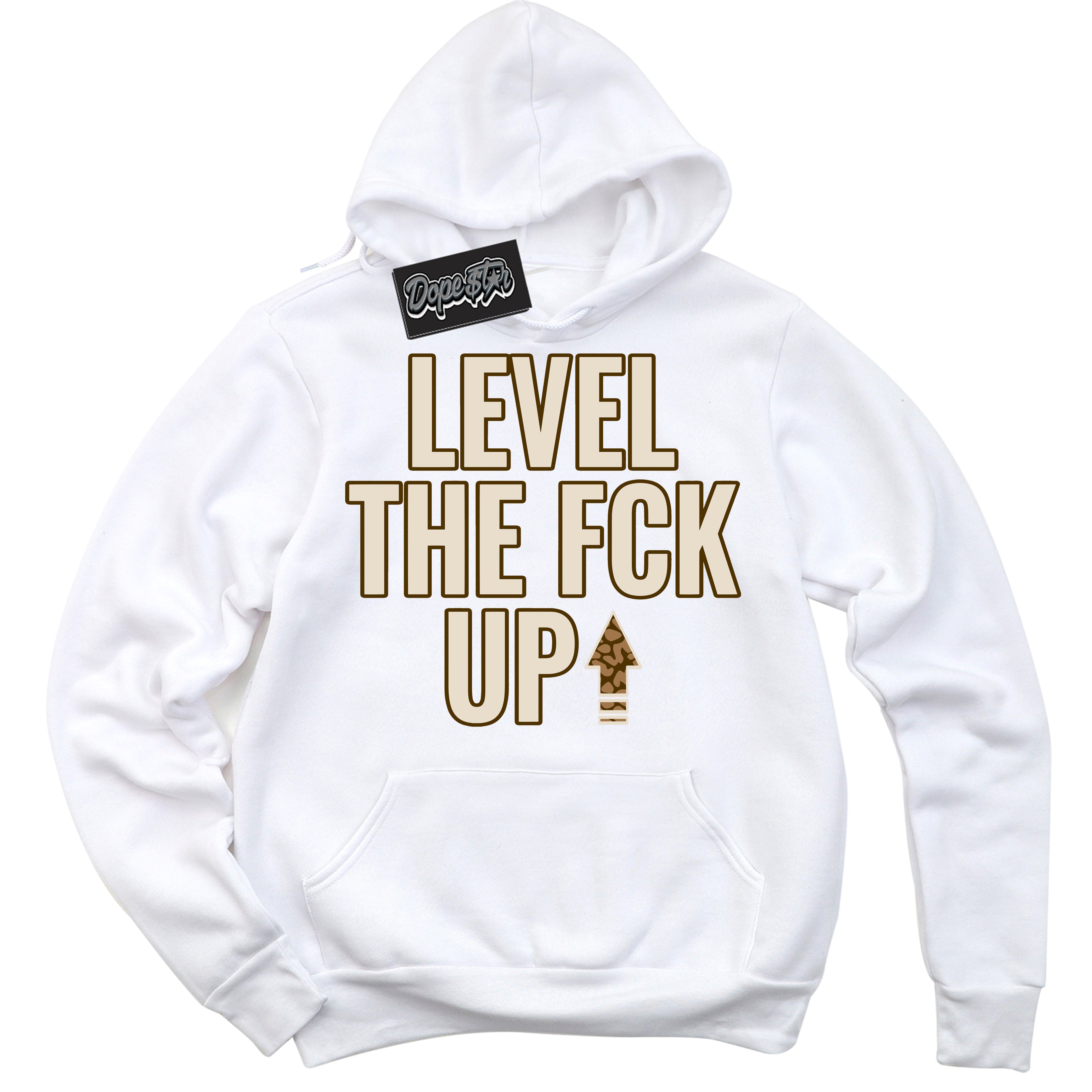Cool White Graphic DopeStar Hoodie with “ Level The Fck Up “ print, that perfectly matches Palomino 3s sneakers