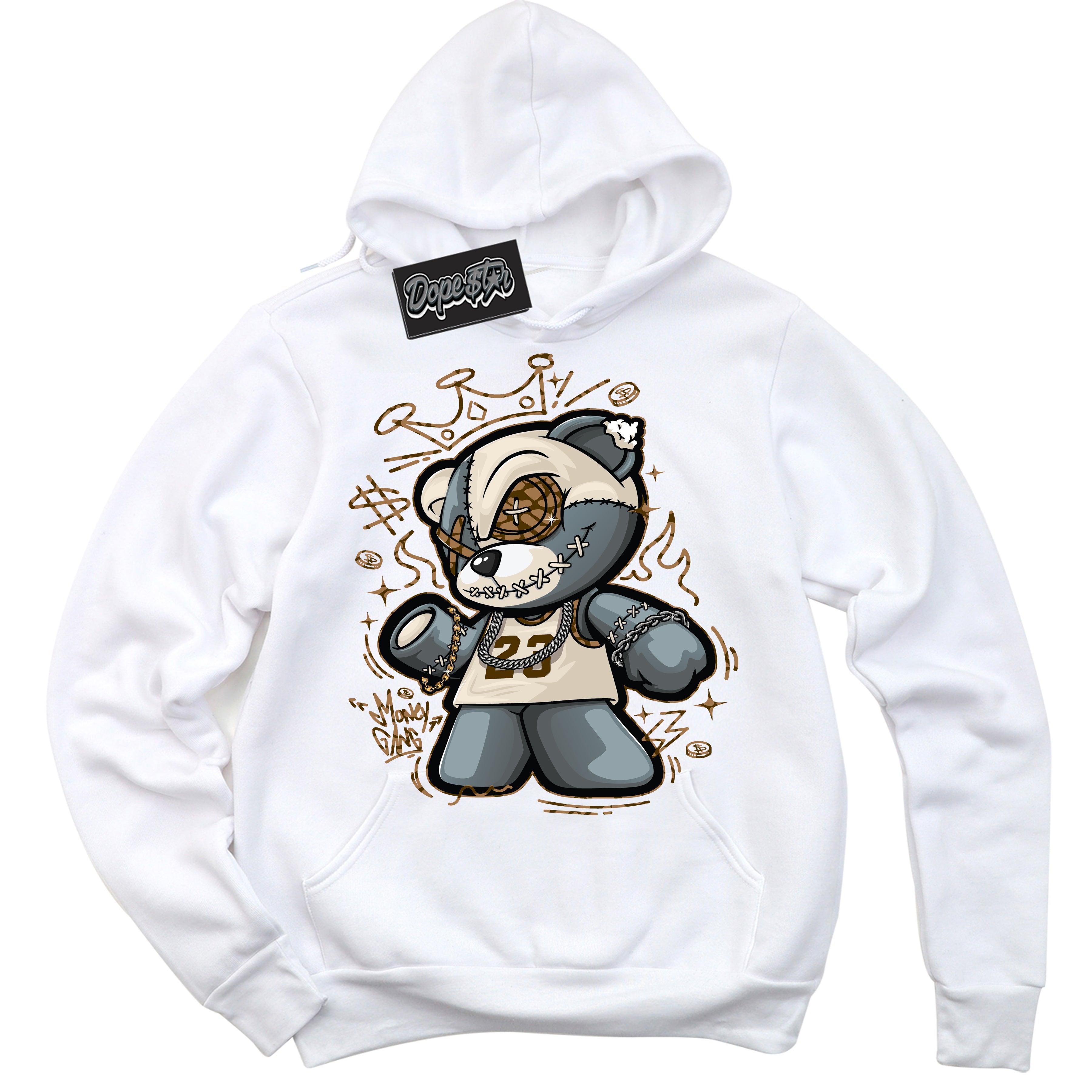 Cool White Graphic DopeStar Hoodie with “ Money Gang Bear “ print, that perfectly matches Palomino 3s sneakers