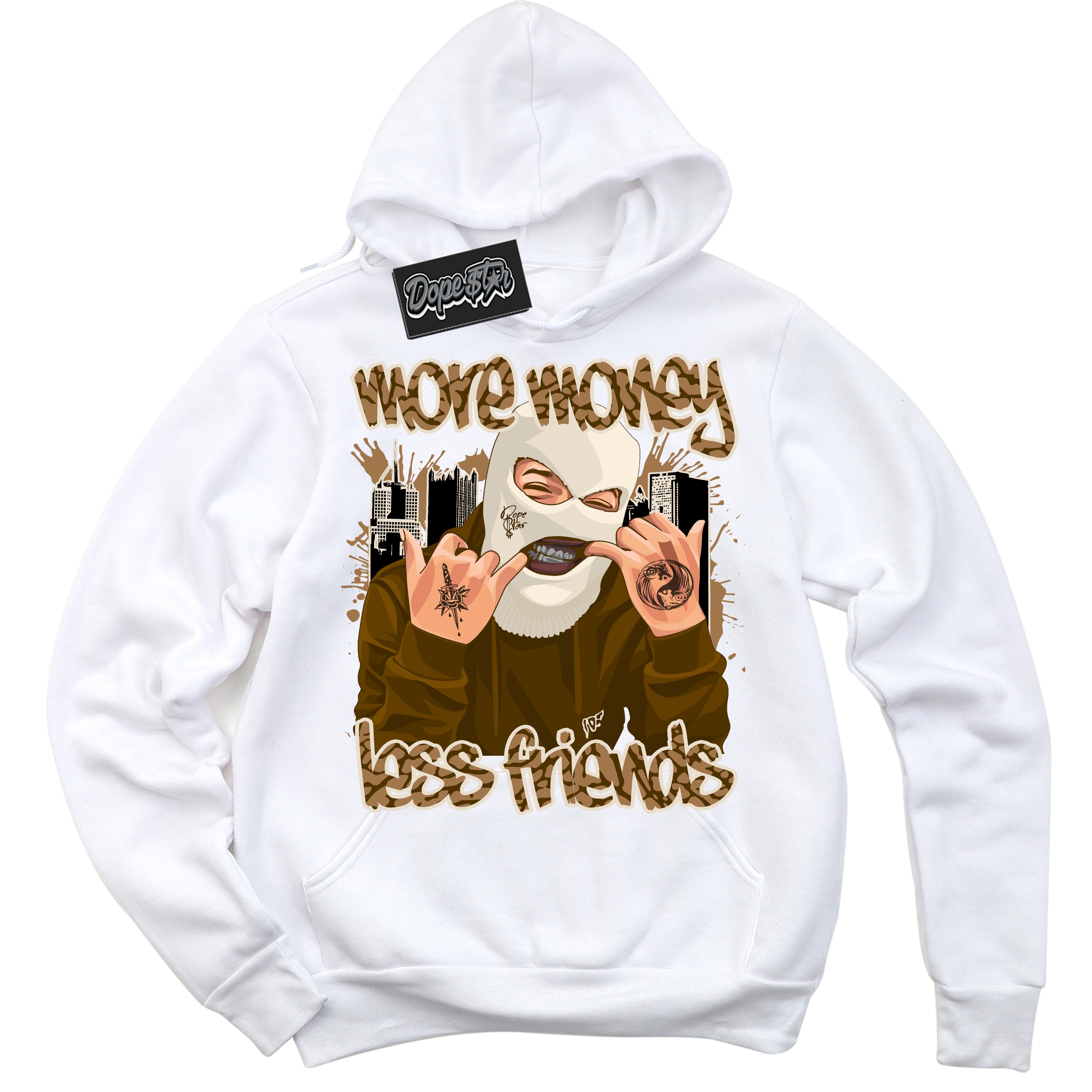 Cool White Graphic DopeStar Hoodie with “ More Money Less Friends “ print, that perfectly matches Palomino 3s sneakers