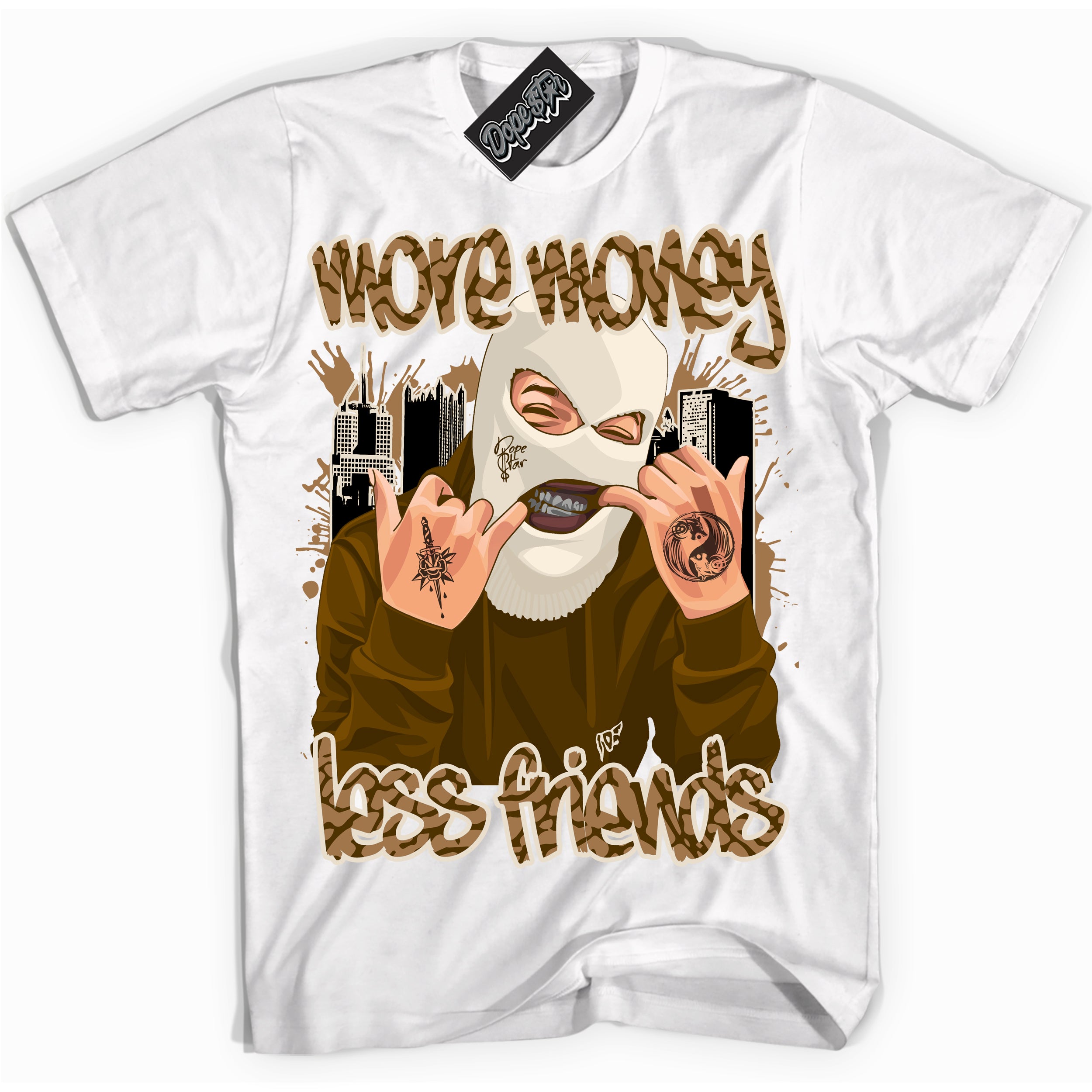Cool White graphic tee with “ More Money Less Friends ” design, that perfectly matches Palomino 3s sneakers