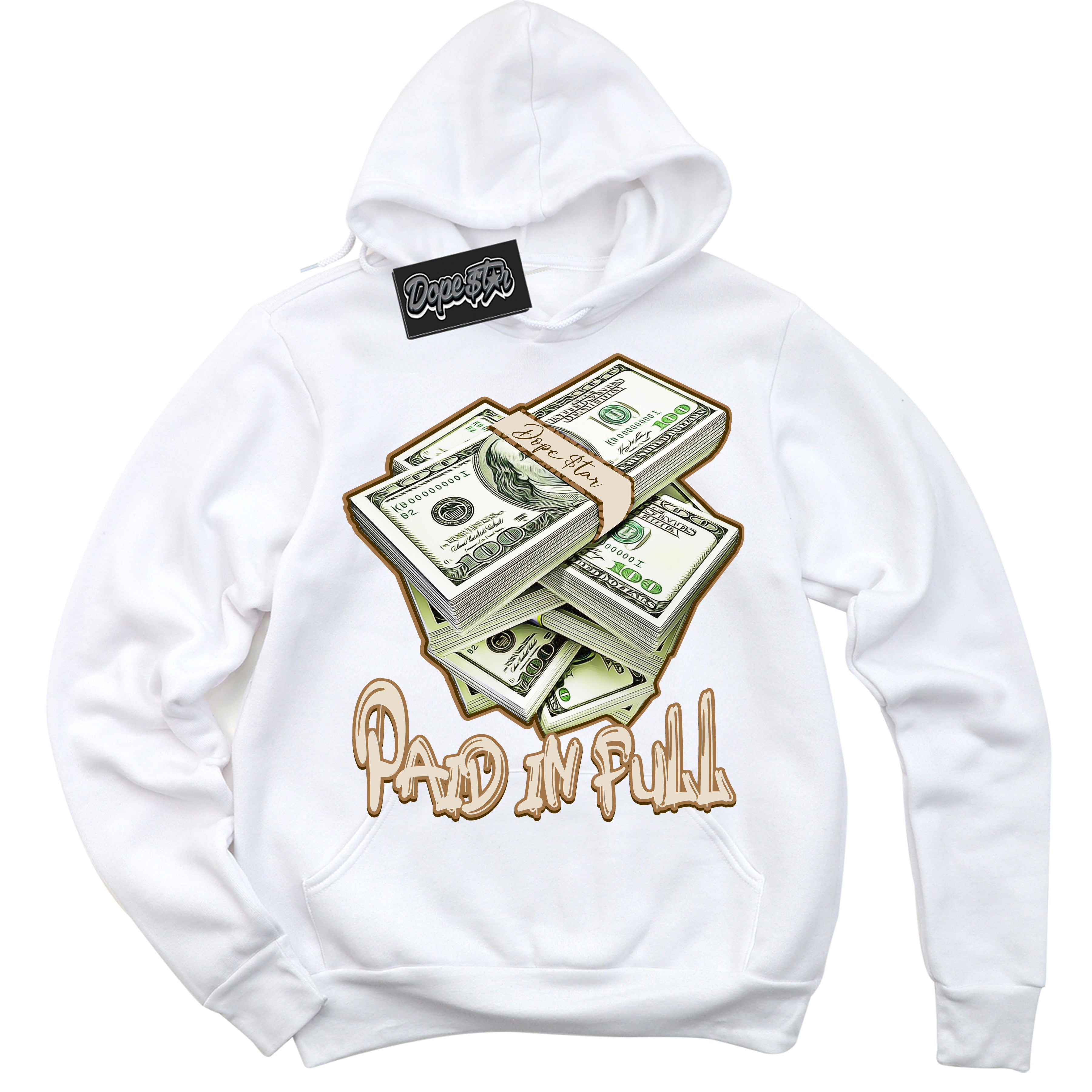 Cool White Graphic DopeStar Hoodie with “ Paid In Full “ print, that perfectly matches Palomino 3s sneakers