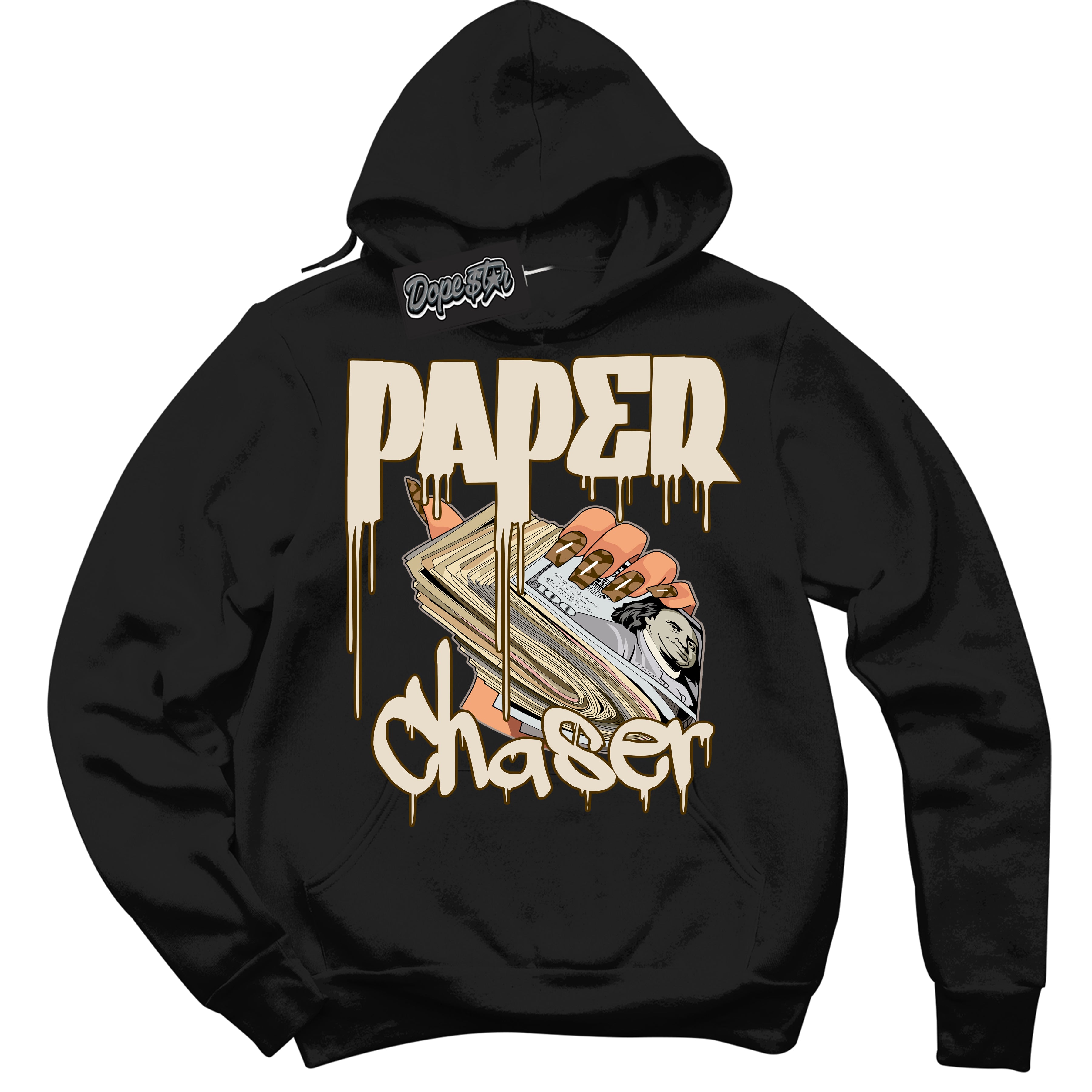 Cool Black Graphic DopeStar Hoodie with “ Paper Chaser “ print, that perfectly matches Palomino 3s sneakers