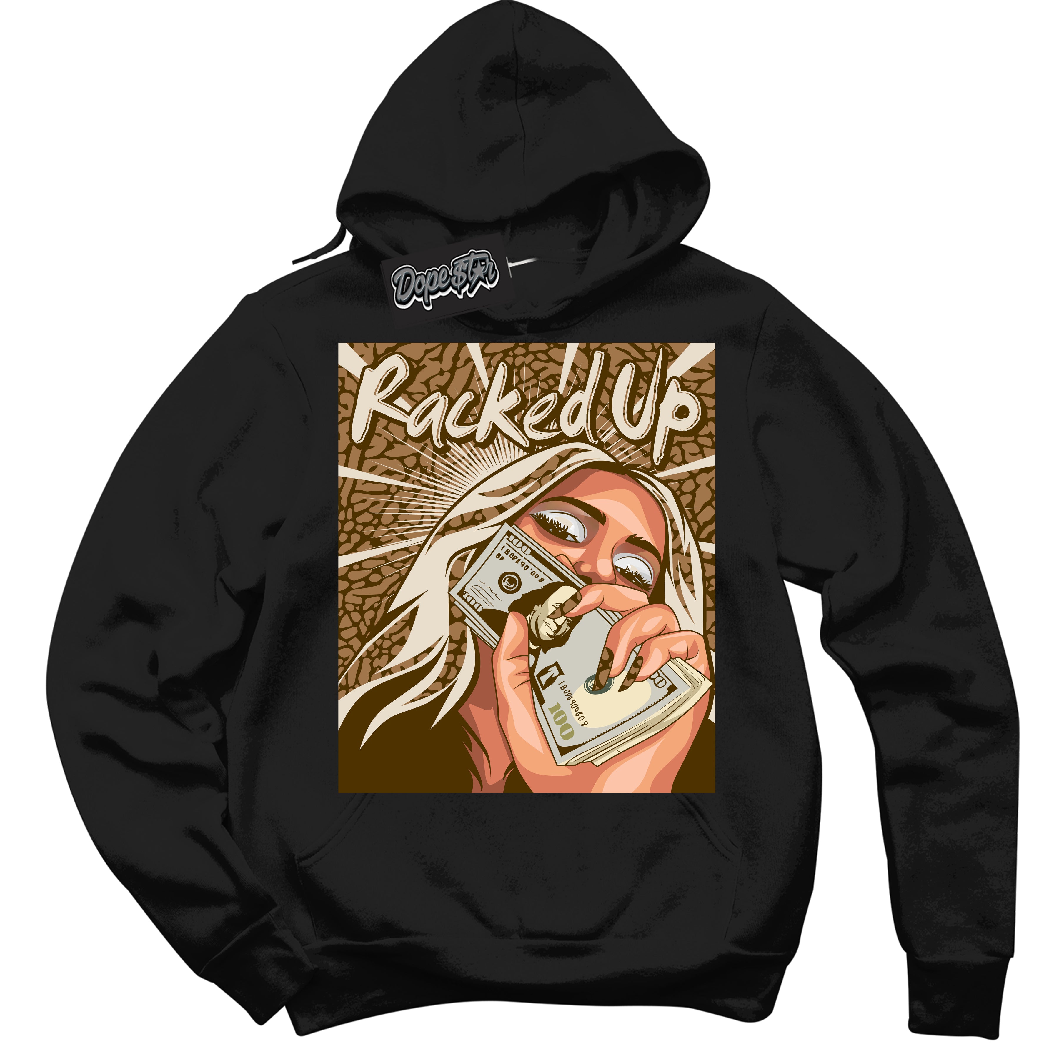 Cool Black Graphic DopeStar Hoodie with “ Racked Up “ print, that perfectly matches Palomino 3s sneakers