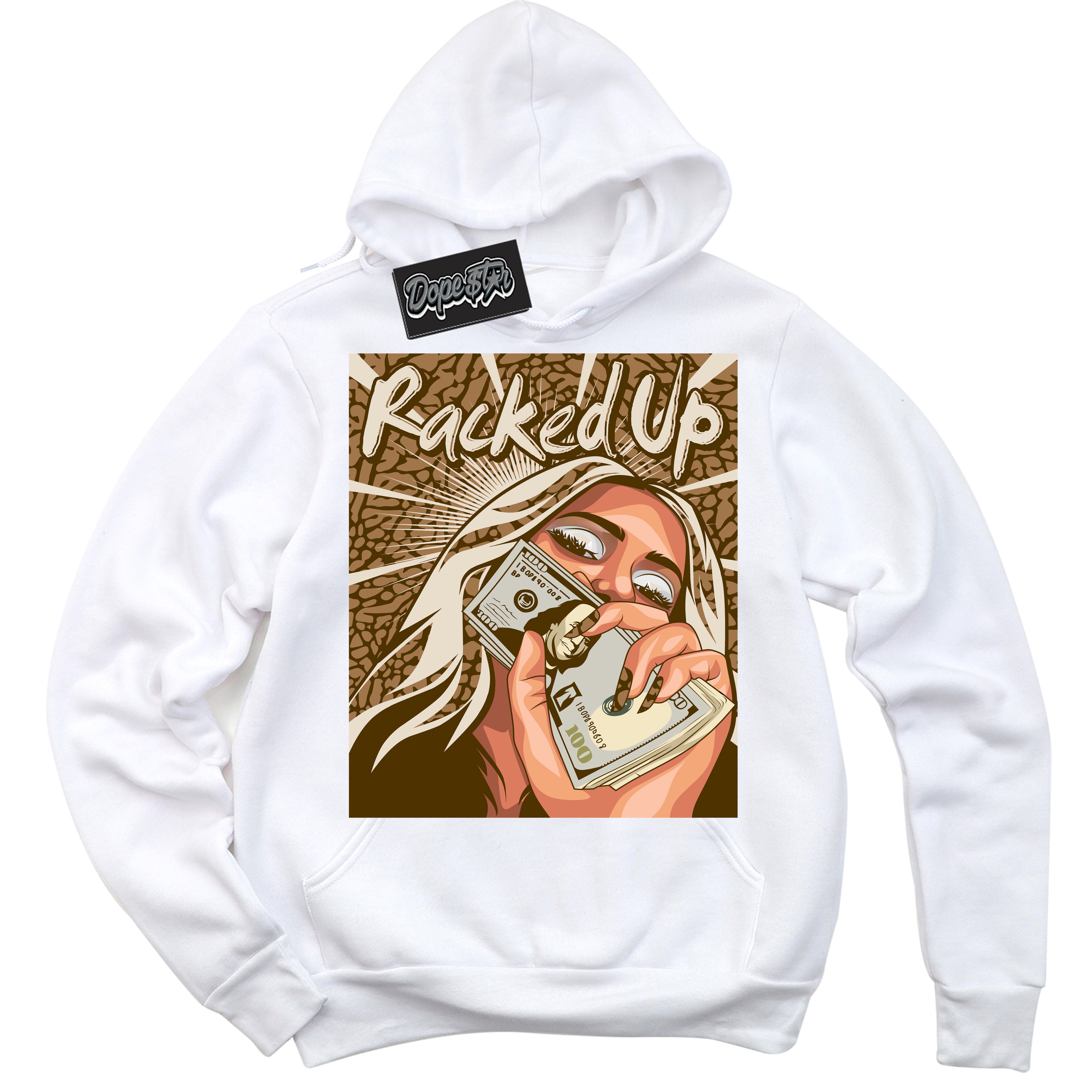 Cool White Graphic DopeStar Hoodie with “ Racked Up “ print, that perfectly matches Palomino 3s sneakers