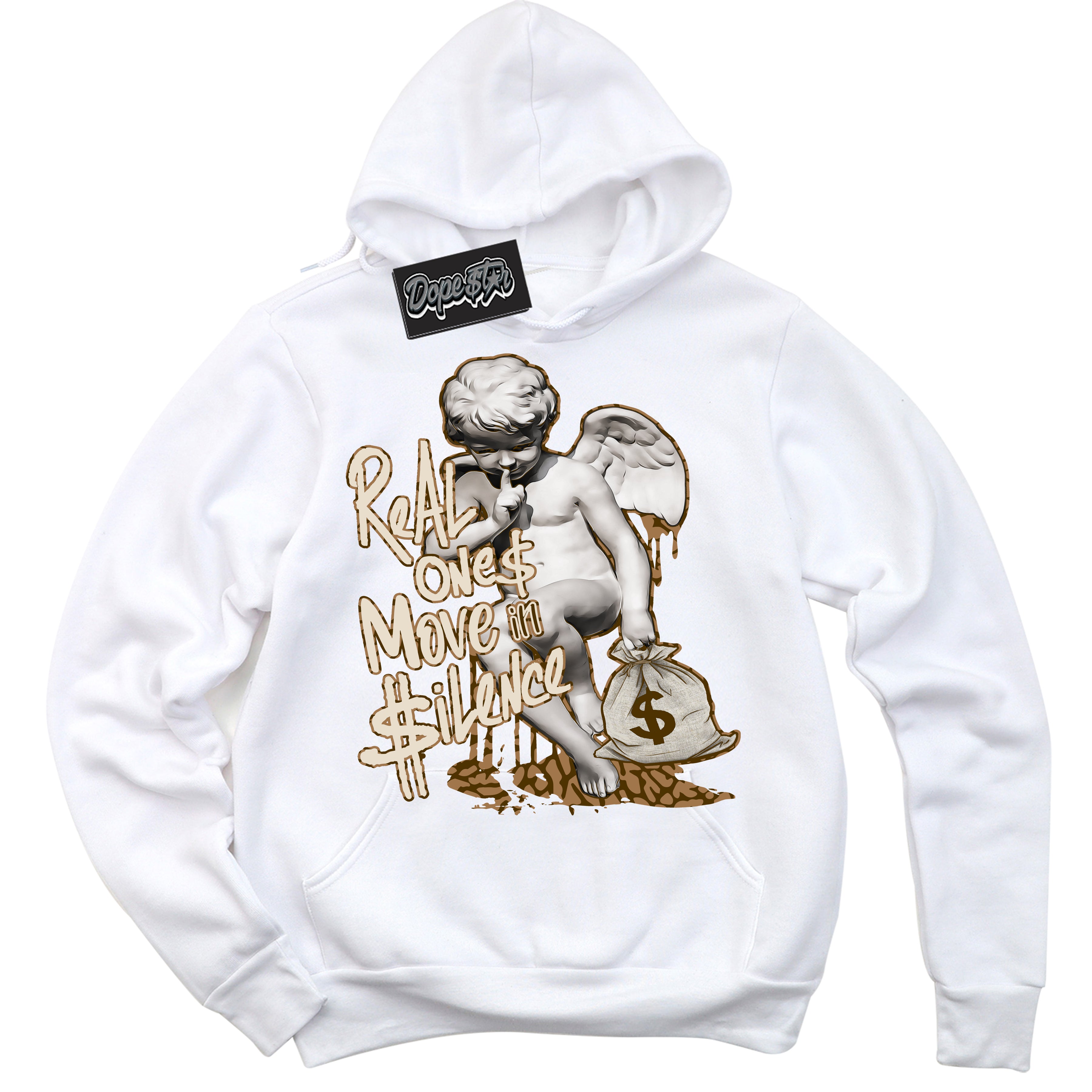 Cool White Graphic DopeStar Hoodie with “ Real Ones Cherub “ print, that perfectly matches Palomino 3s sneakers