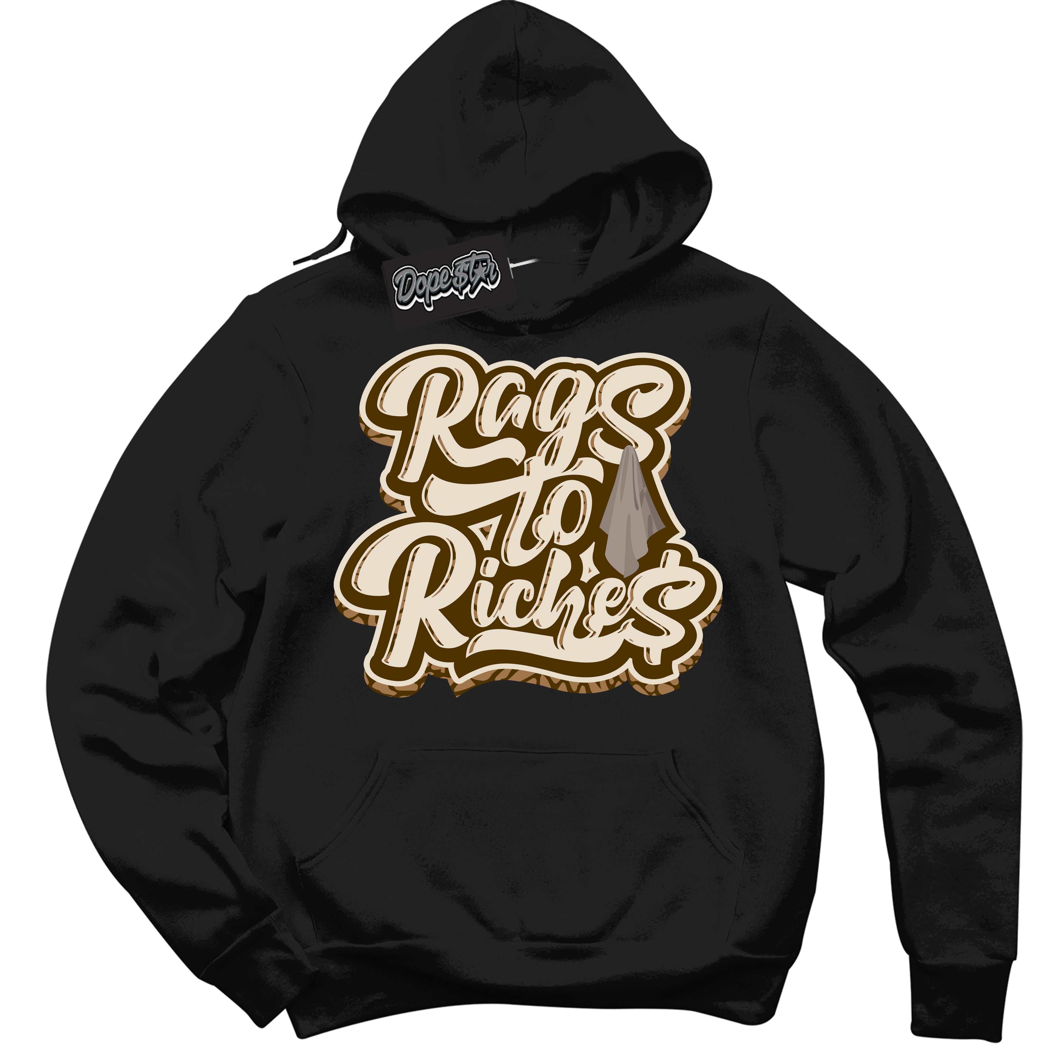 Cool Black Graphic DopeStar Hoodie with “ Rags To Riches “ print, that perfectly matches Palomino 3s sneakers