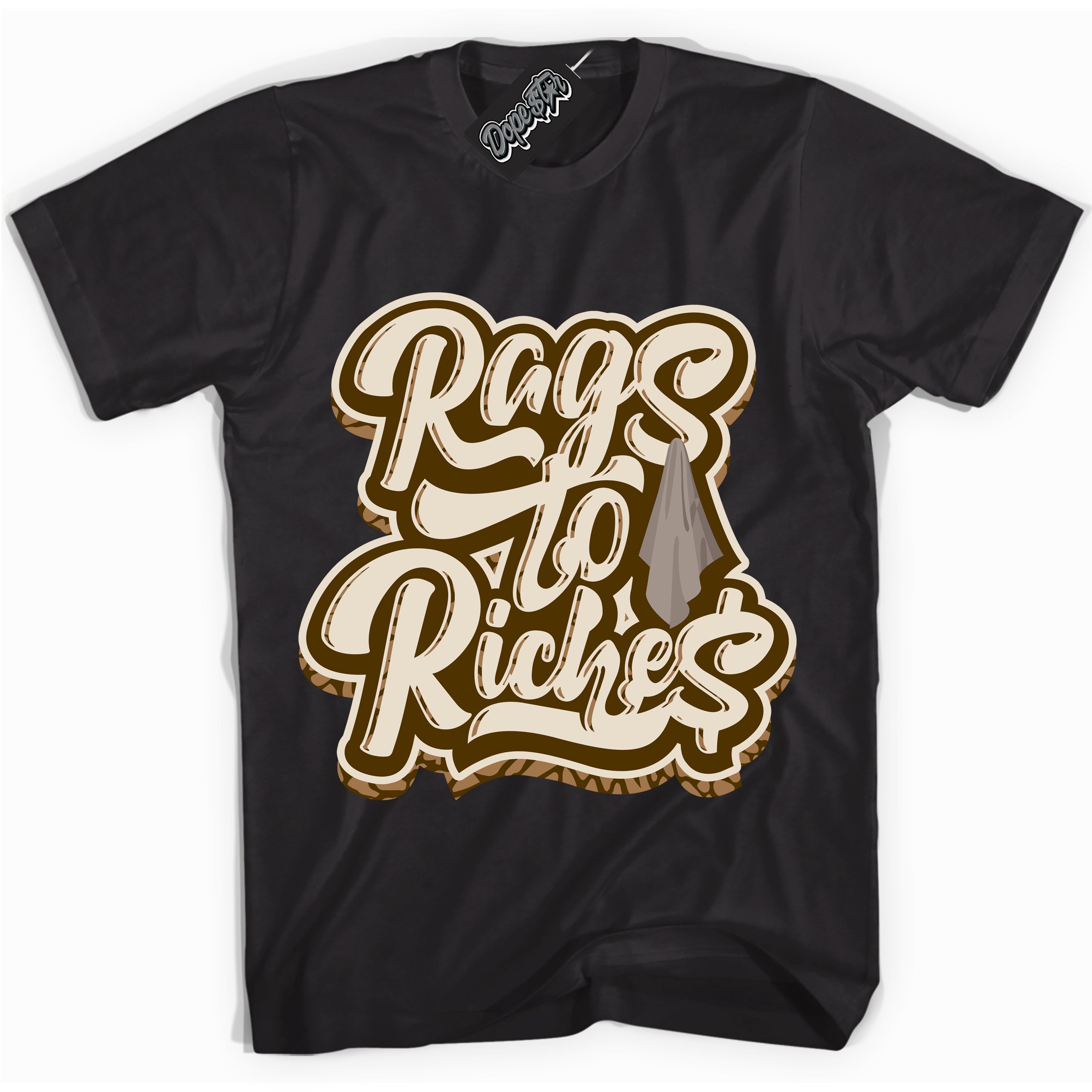 Cool Black graphic tee with “ Rags To Riches ” design, that perfectly matches Palomino 3s sneakers