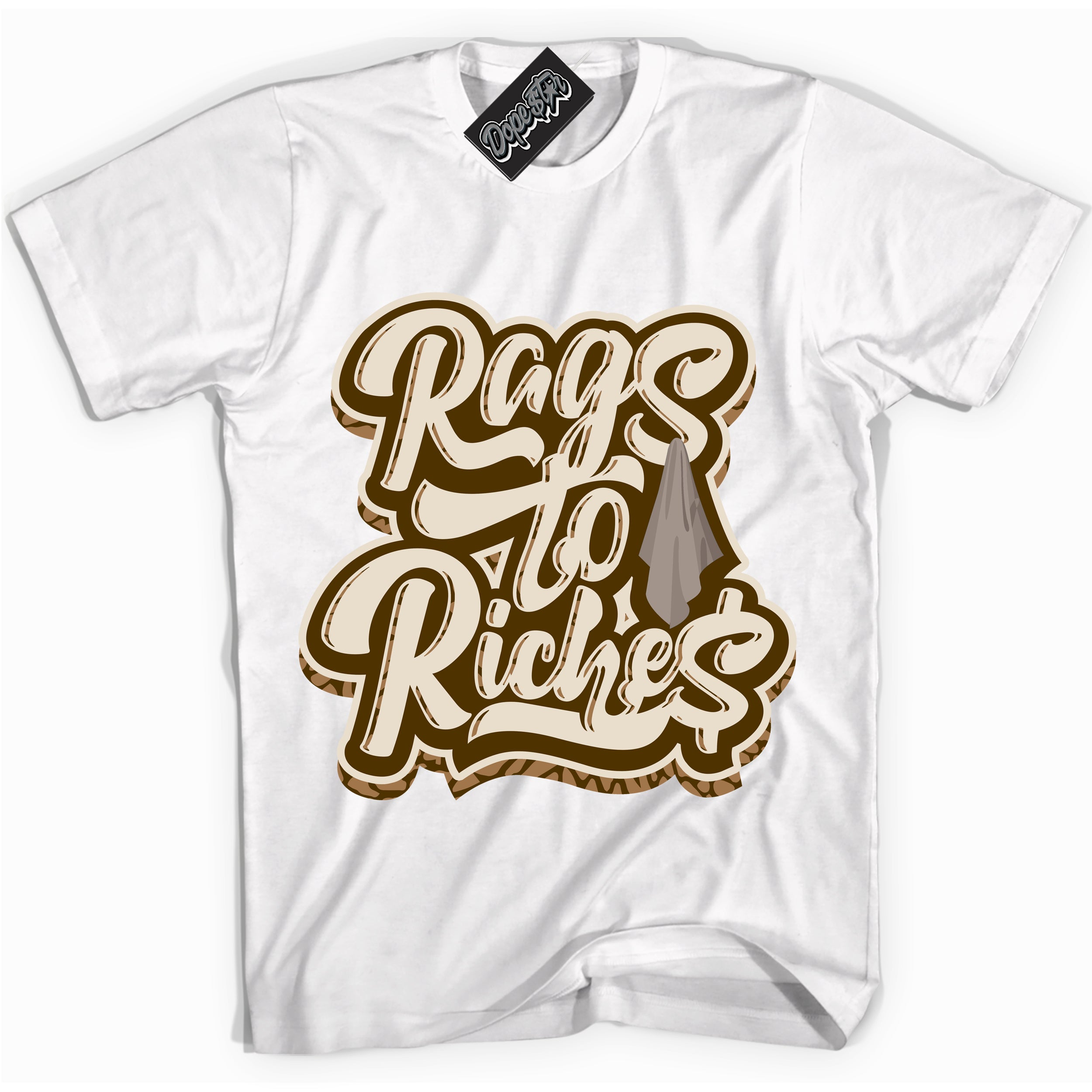 Cool White graphic tee with “ Rags To Riches ” design, that perfectly matches Palomino 3s sneakers