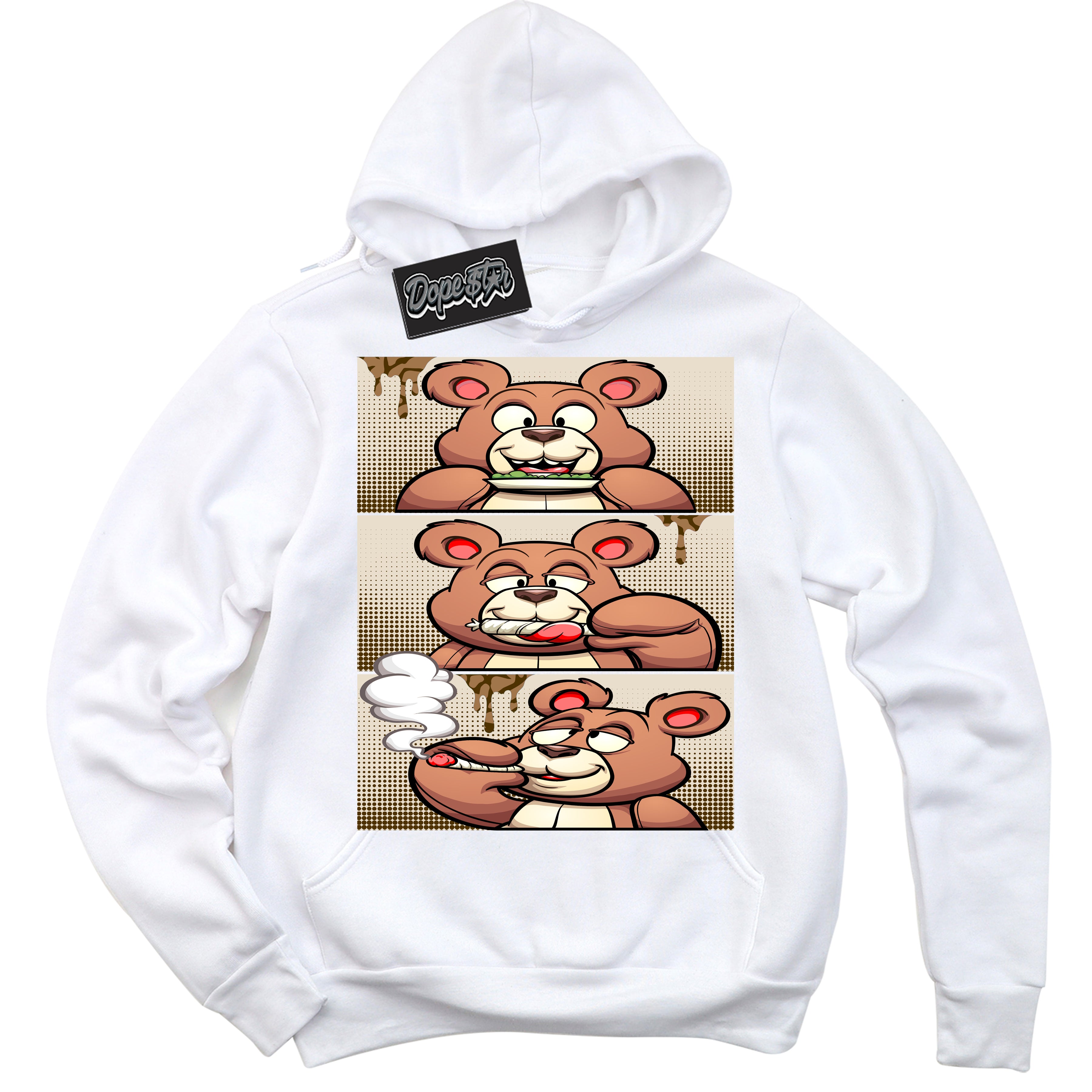Cool White Graphic DopeStar Hoodie with “ Roll It Lick It Smoke It Bear “ print, that perfectly matches Palomino 3s sneakers