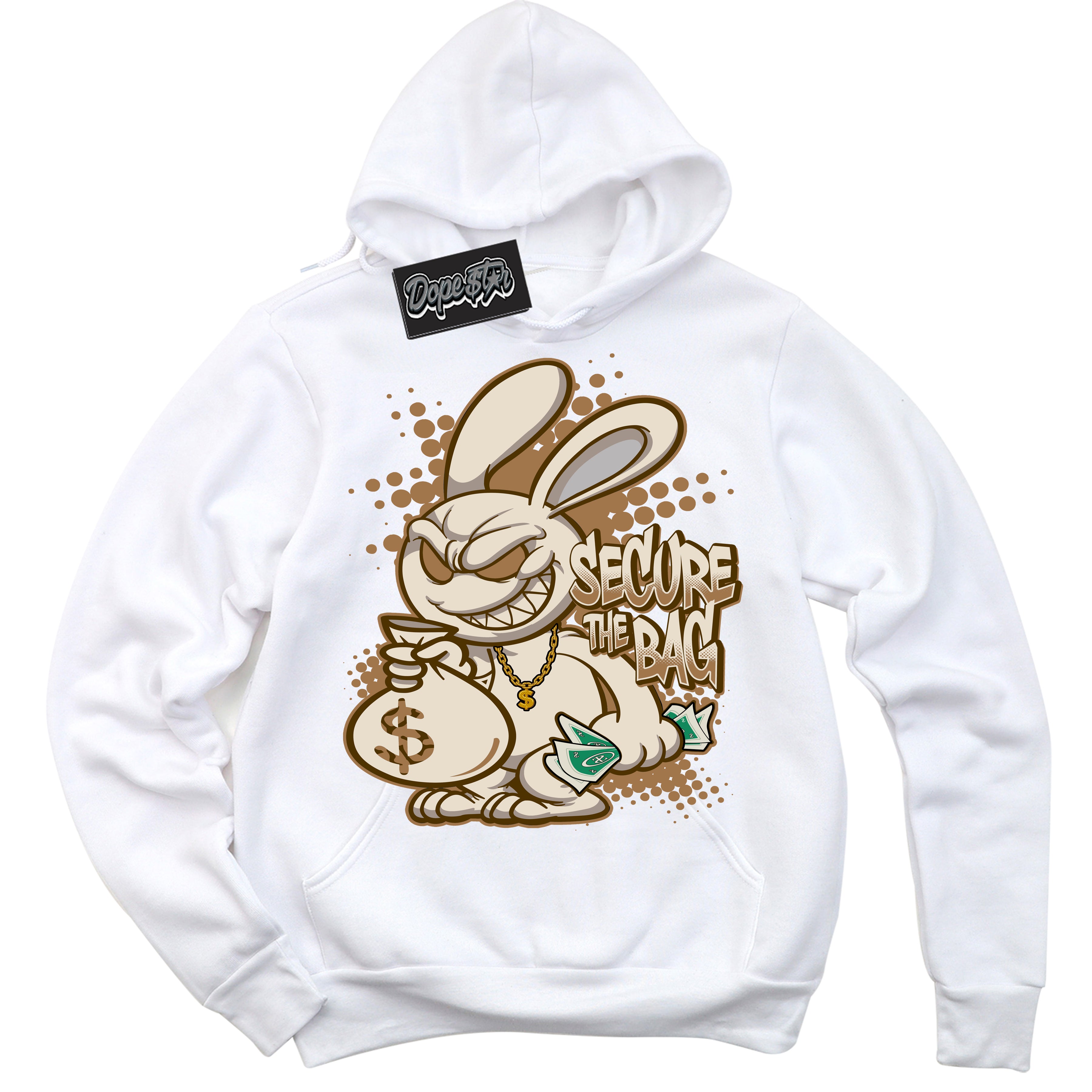 Cool White Graphic DopeStar Hoodie with “ Secure The Bag “ print, that perfectly matches Palomino 3s sneakers