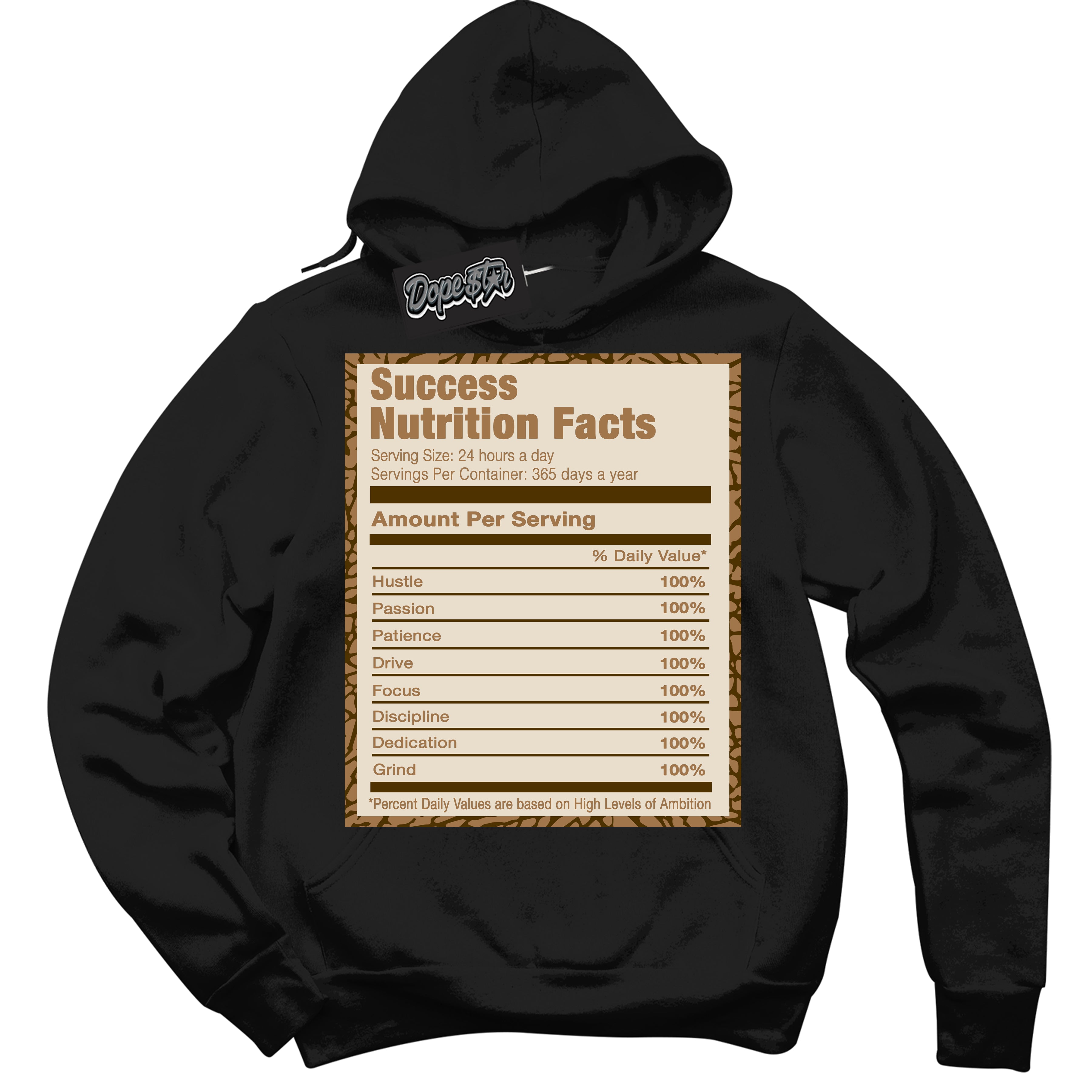 Cool Black Graphic DopeStar Hoodie with “ Success Nutrition “ print, that perfectly matches Palomino 3s sneakers