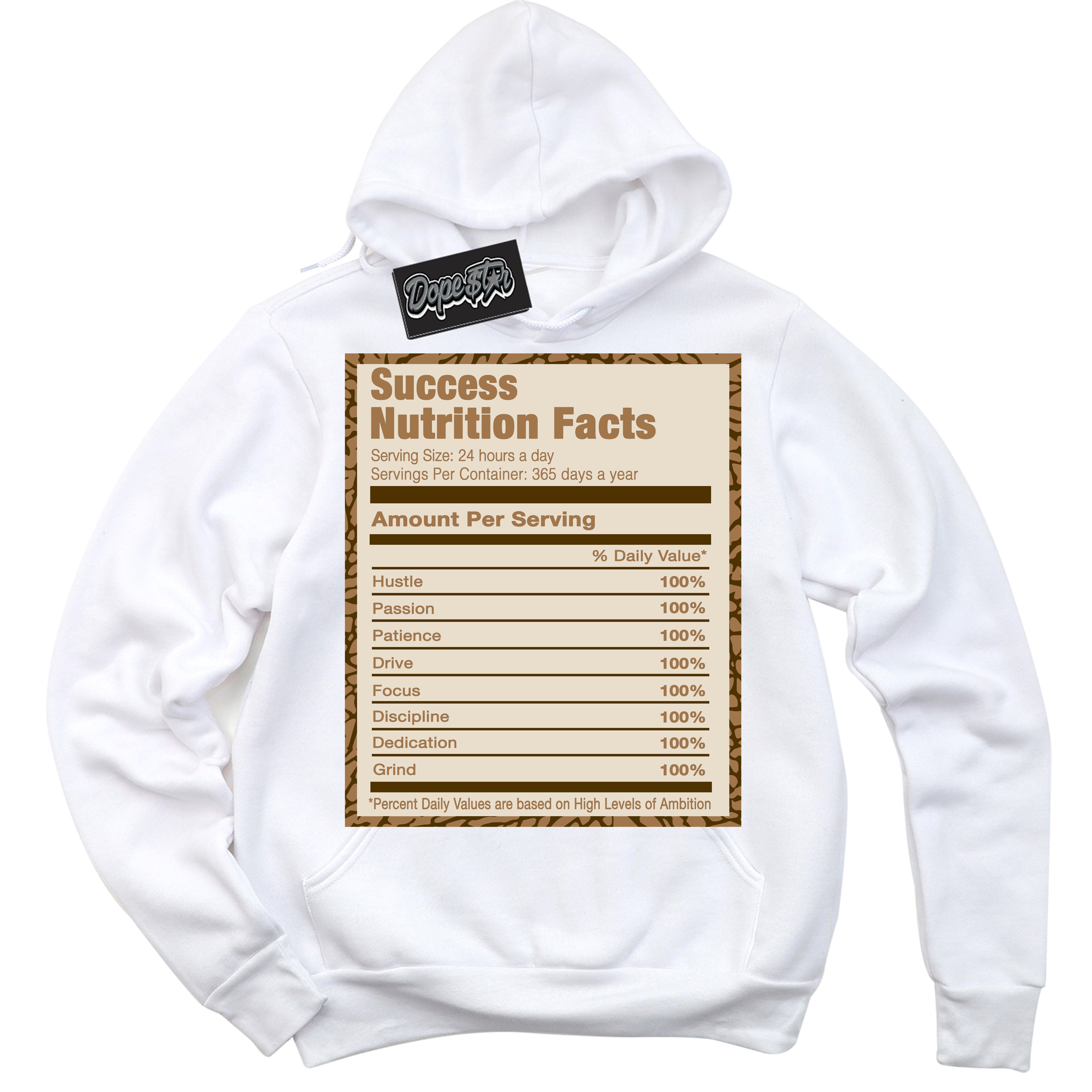 Cool White Graphic DopeStar Hoodie with “ Success Nutrition “ print, that perfectly matches Palomino 3s sneakers