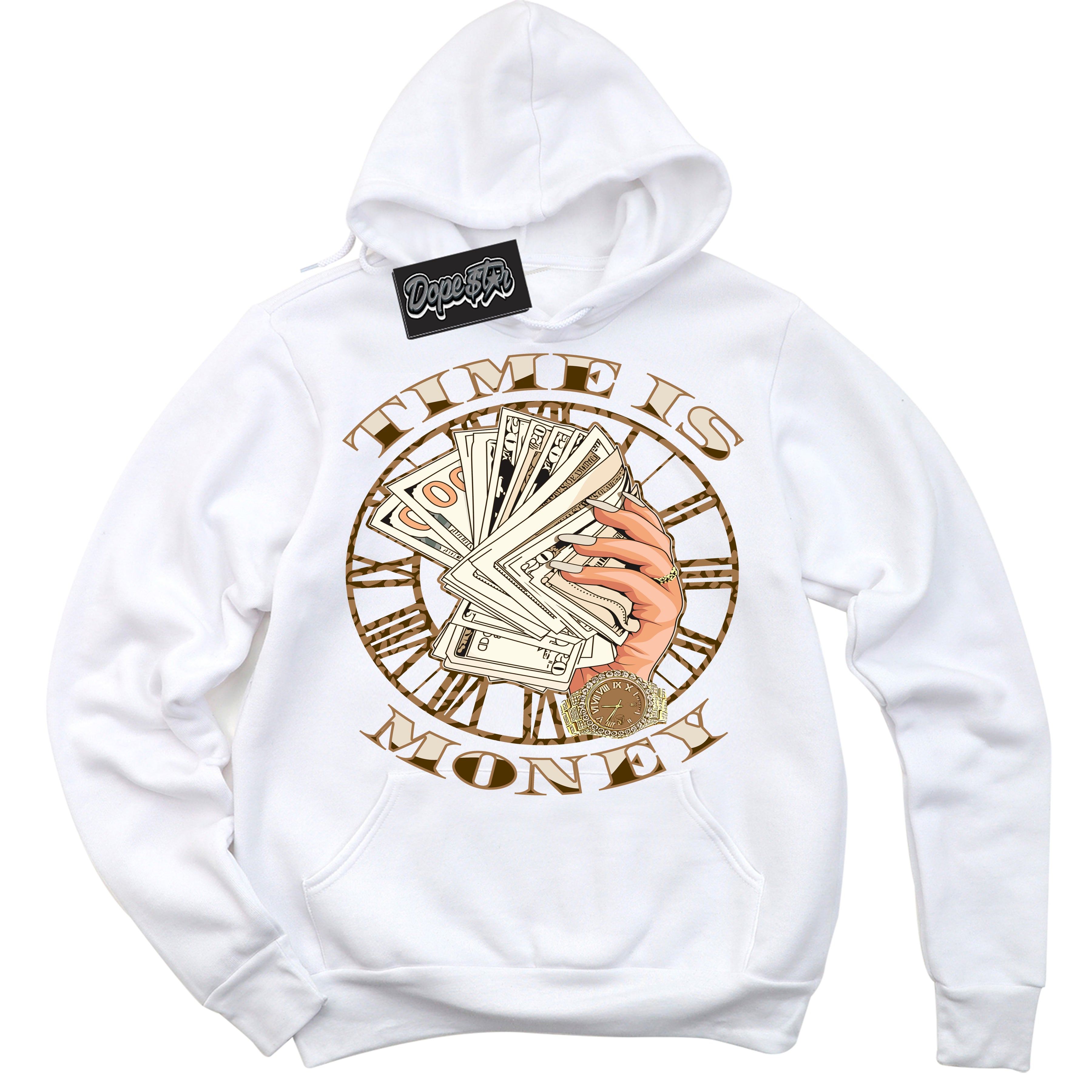 Cool White Graphic DopeStar Hoodie with “ Time Is Money “ print, that perfectly matches Palomino 3s sneakers