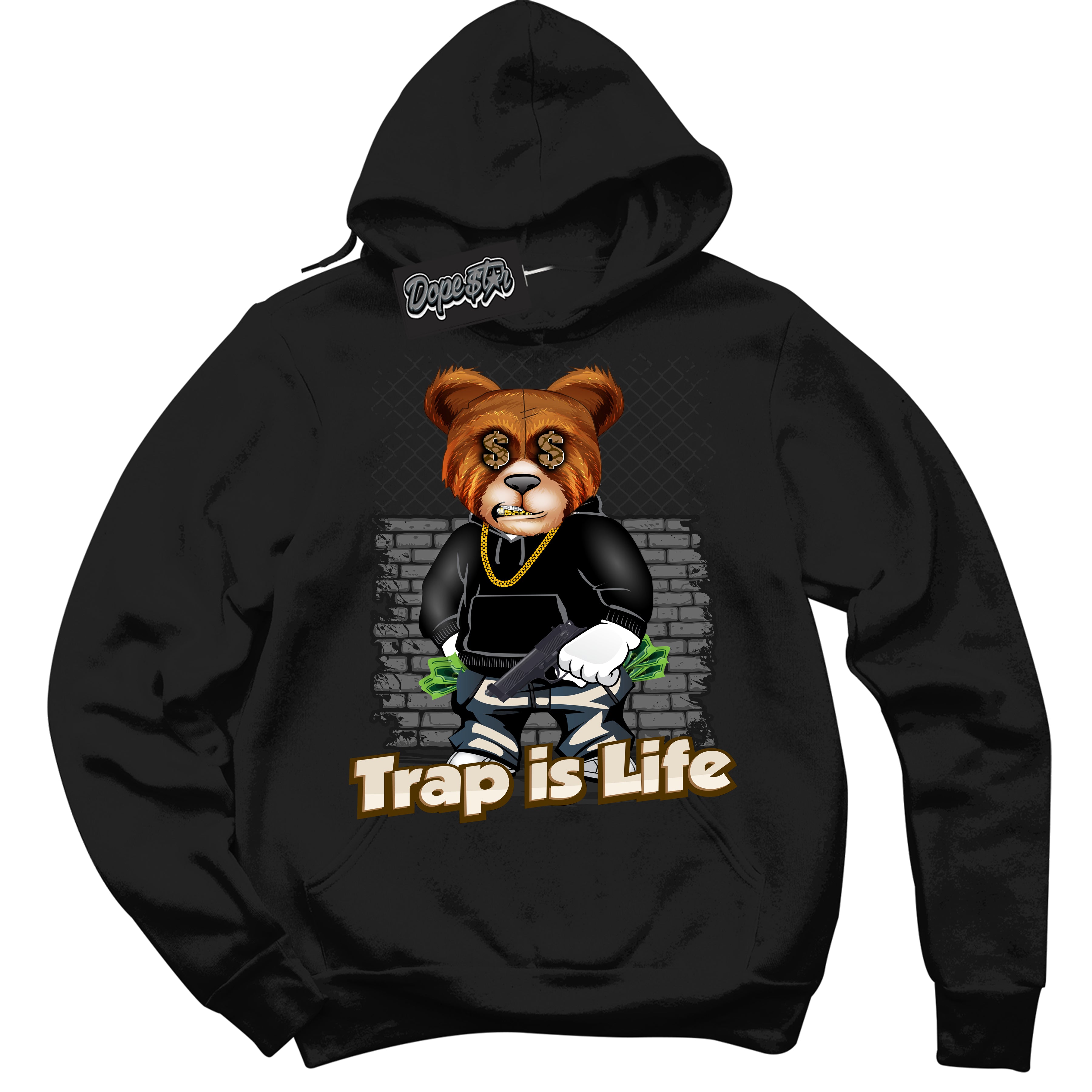 Cool Black Graphic DopeStar Hoodie with “ Trap Is Life “ print, that perfectly matches Palomino 3s sneakers