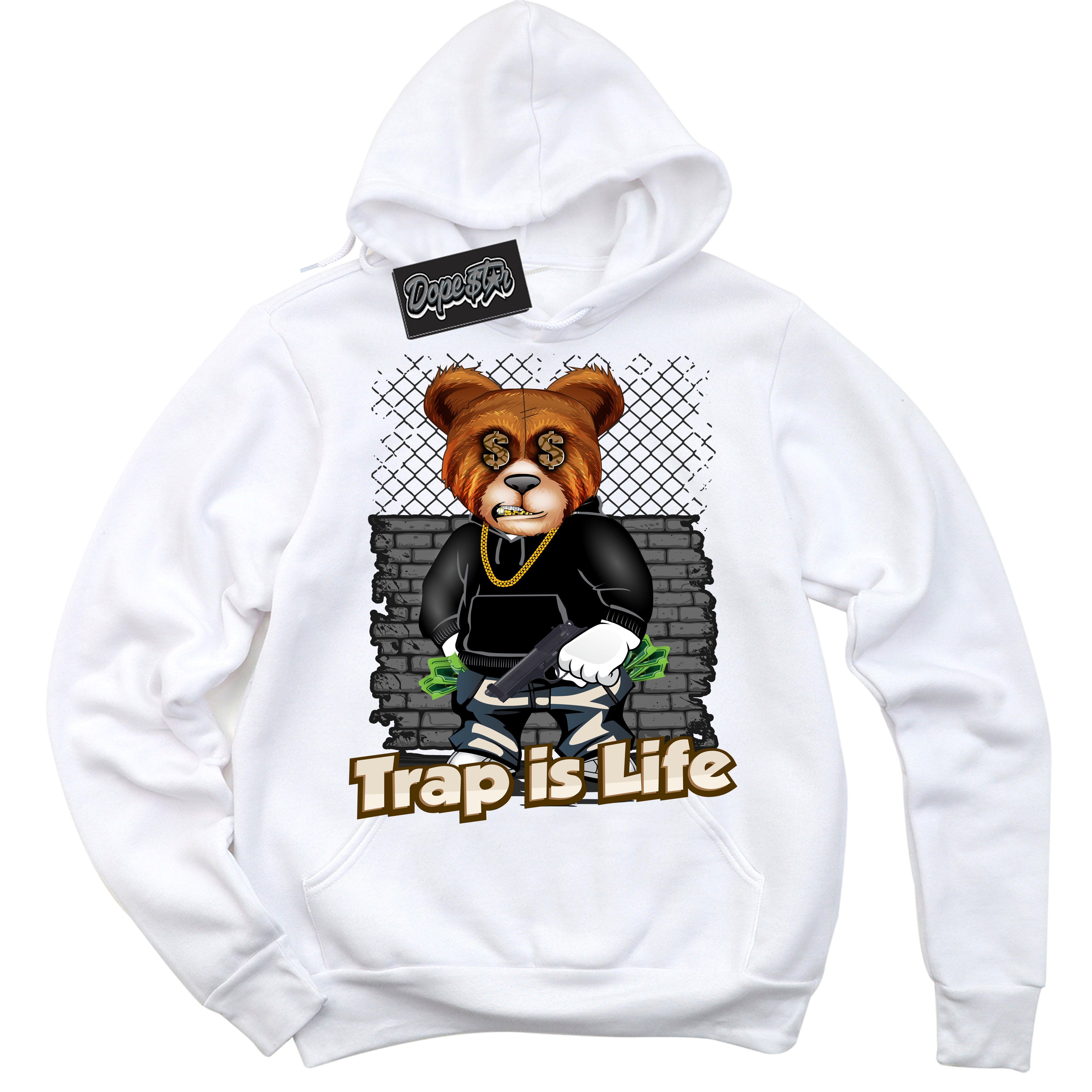 Cool White Graphic DopeStar Hoodie with “ Trap Is Life “ print, that perfectly matches Palomino 3s sneakers