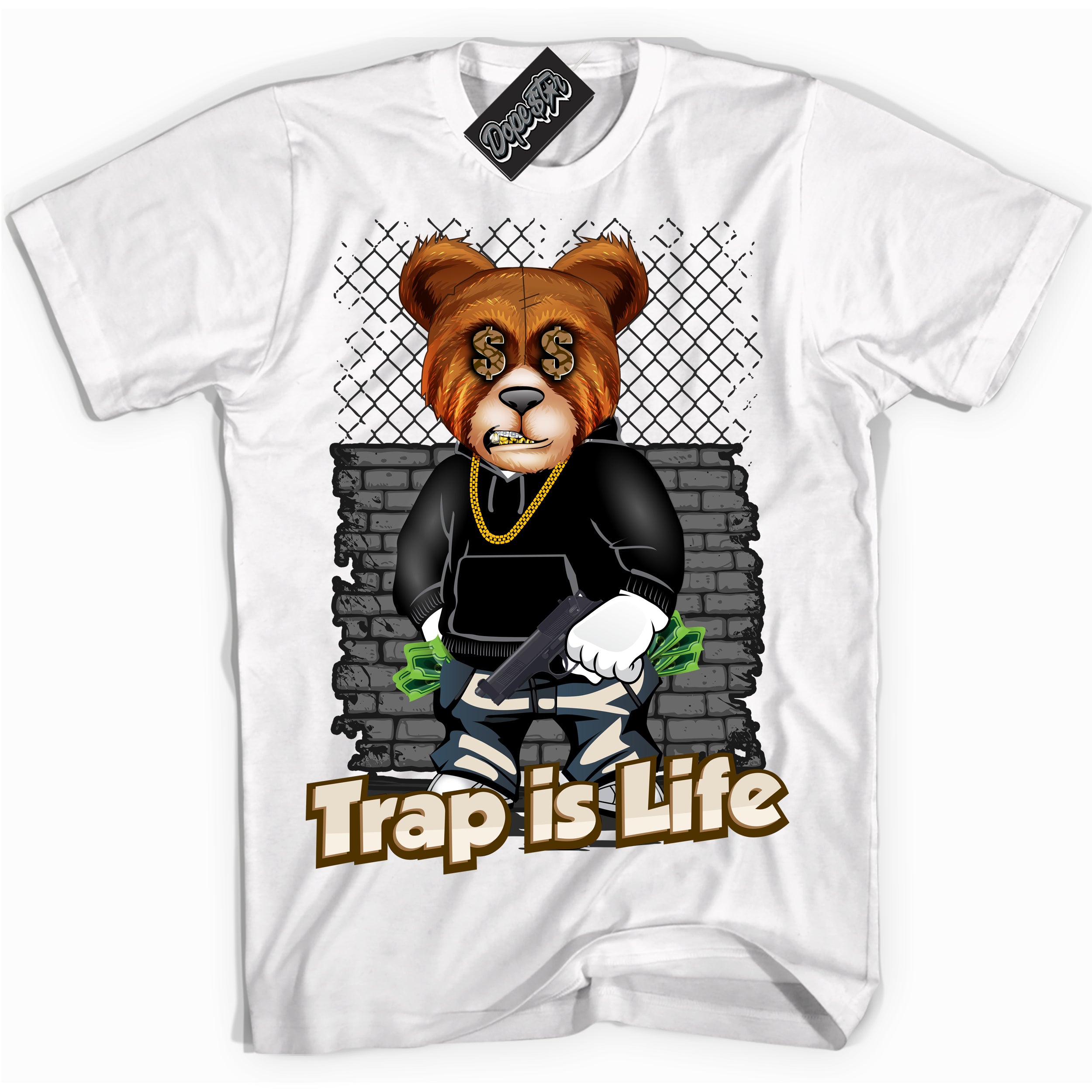 Cool White graphic tee with “ Trap Is Life ” design, that perfectly matches Palomino 3s sneakers