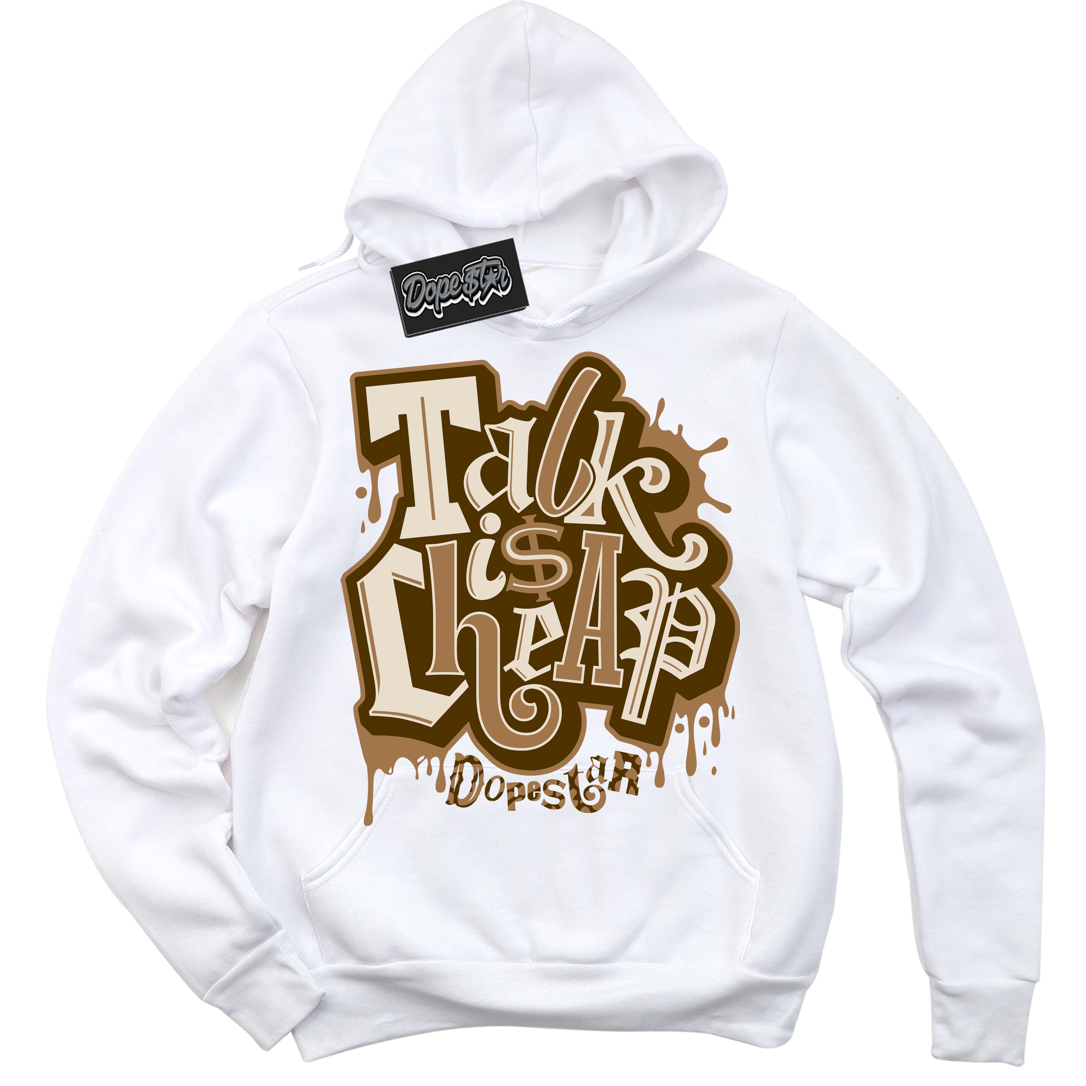 Cool White Graphic DopeStar Hoodie with “ Talk Is Cheap “ print, that perfectly matches Palomino 3s sneakers