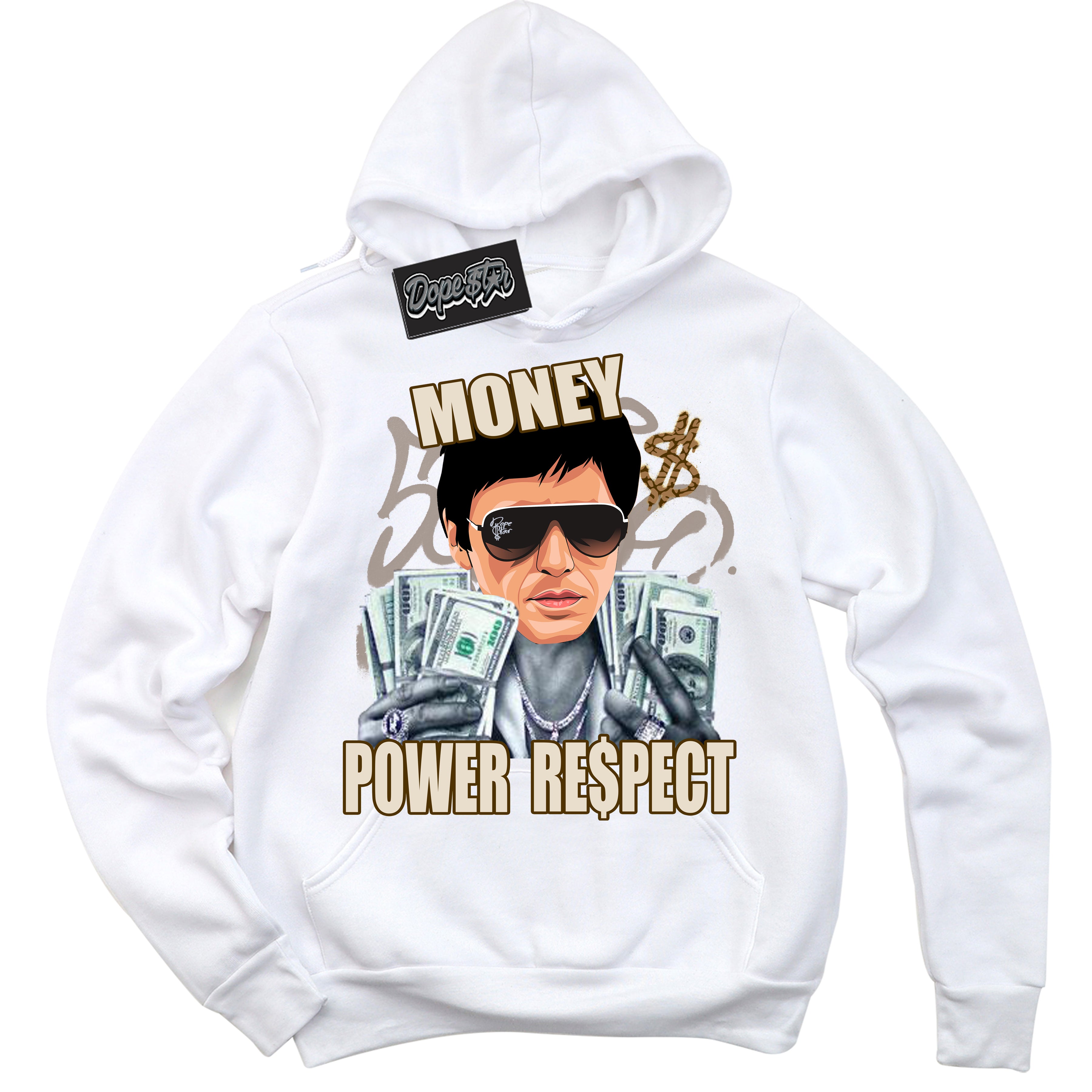 Cool White Graphic DopeStar Hoodie with “ Tony Montana “ print, that perfectly matches Palomino 3s sneakers