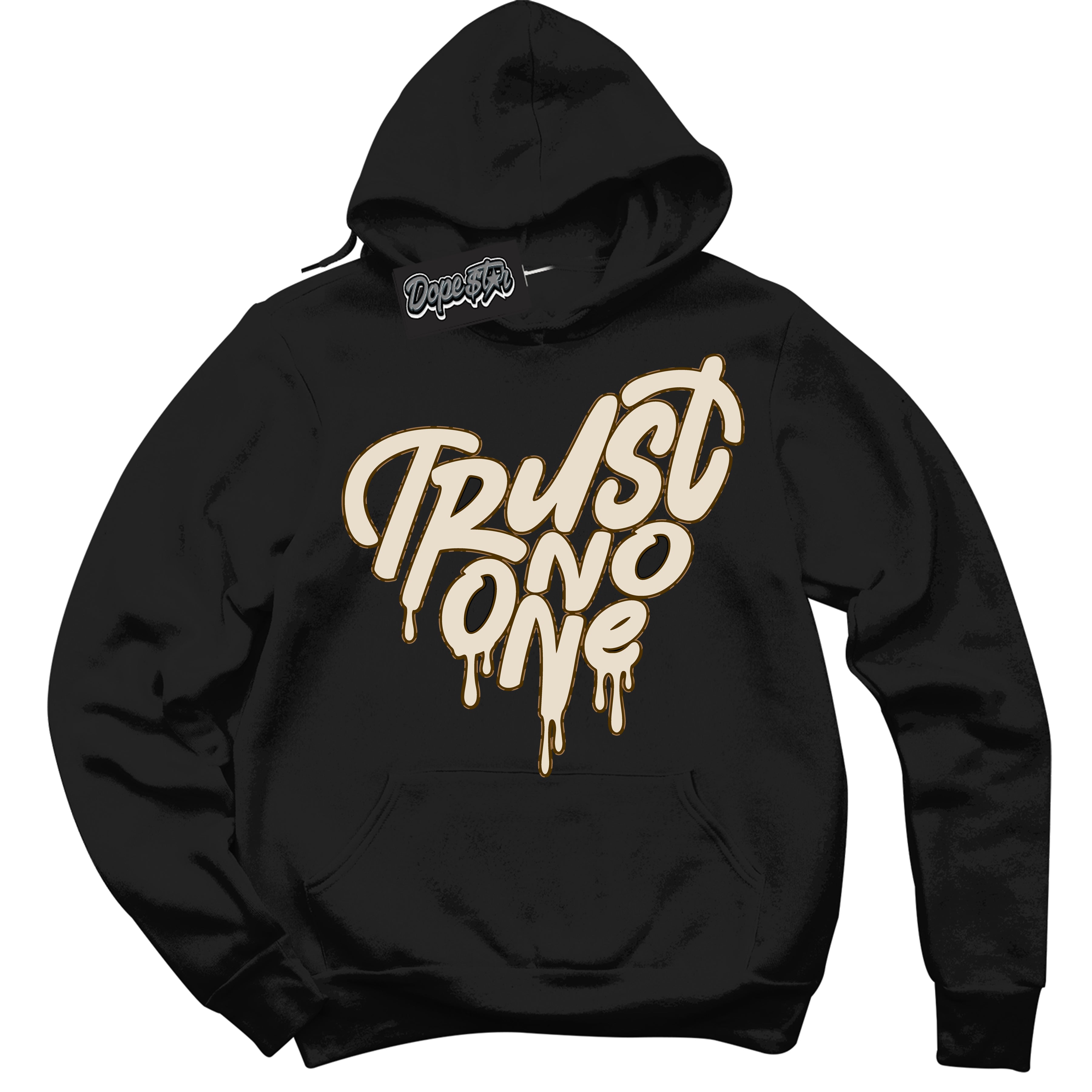 Cool Black Graphic DopeStar Hoodie with “ Trust No One Heart “ print, that perfectly matches Palomino 3s sneakers