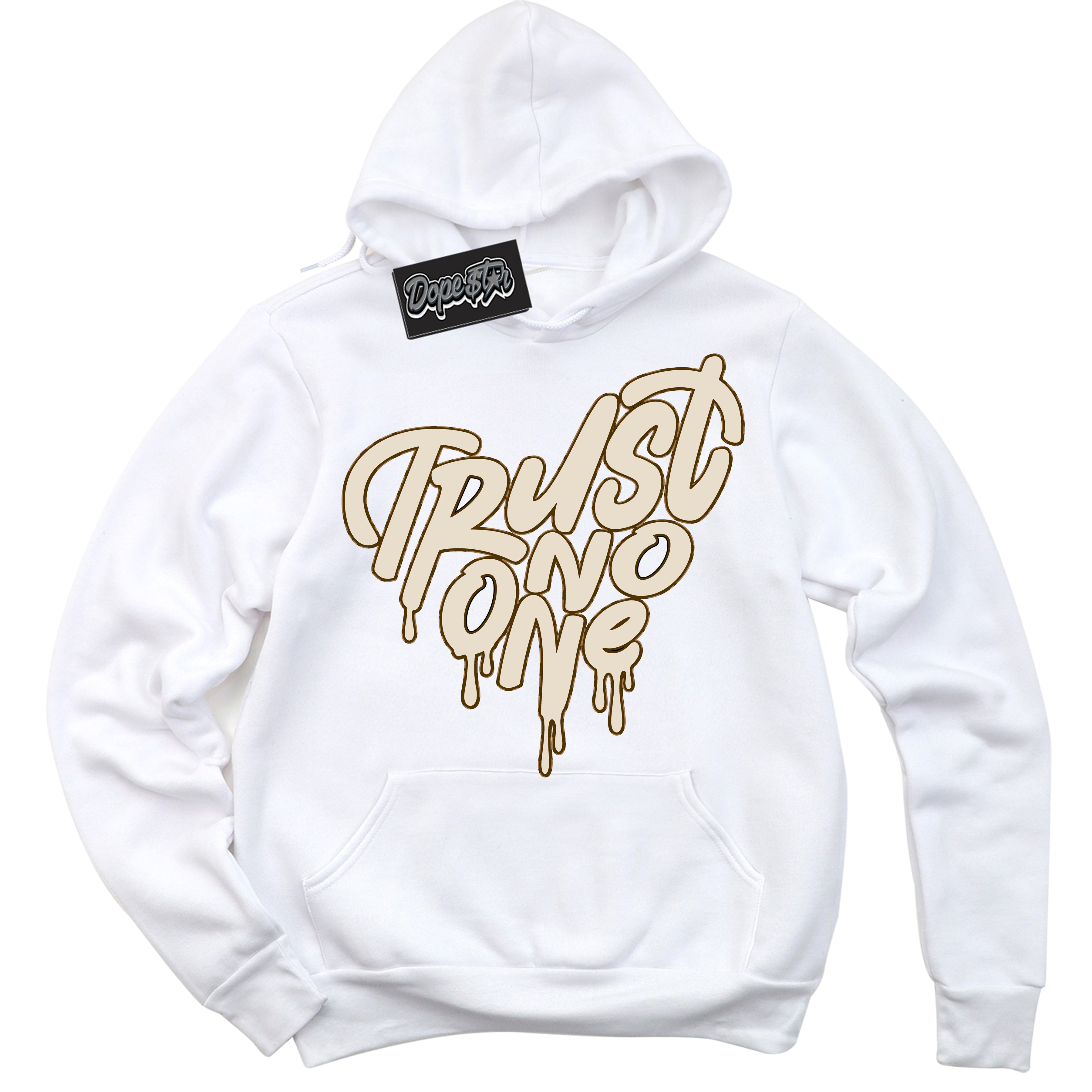 Cool White Graphic DopeStar Hoodie with “ Trust No One Heart “ print, that perfectly matches Palomino 3s sneakers