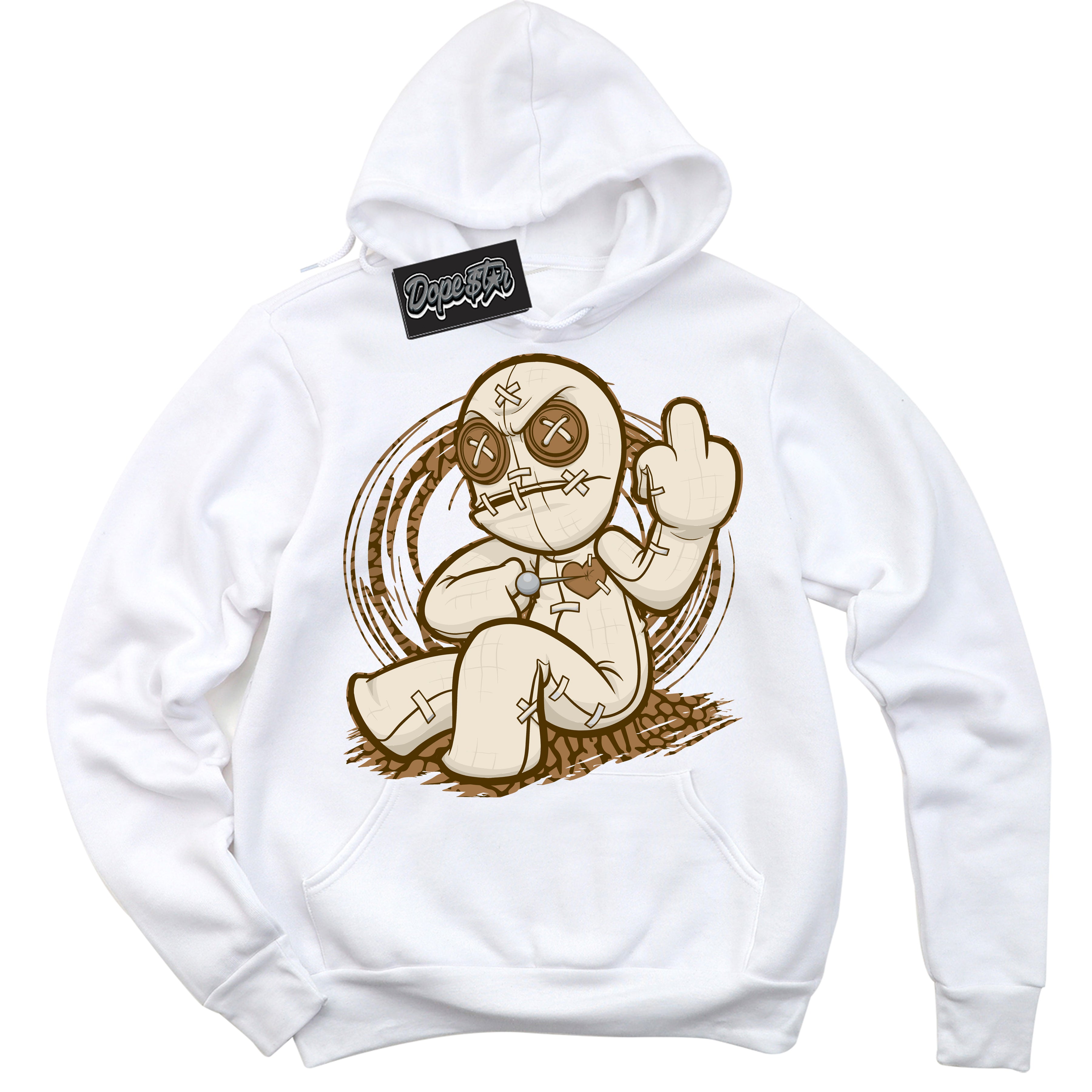 Cool White Graphic DopeStar Hoodie with “ VooDoo Doll “ print, that perfectly matches Palomino 3s sneakers