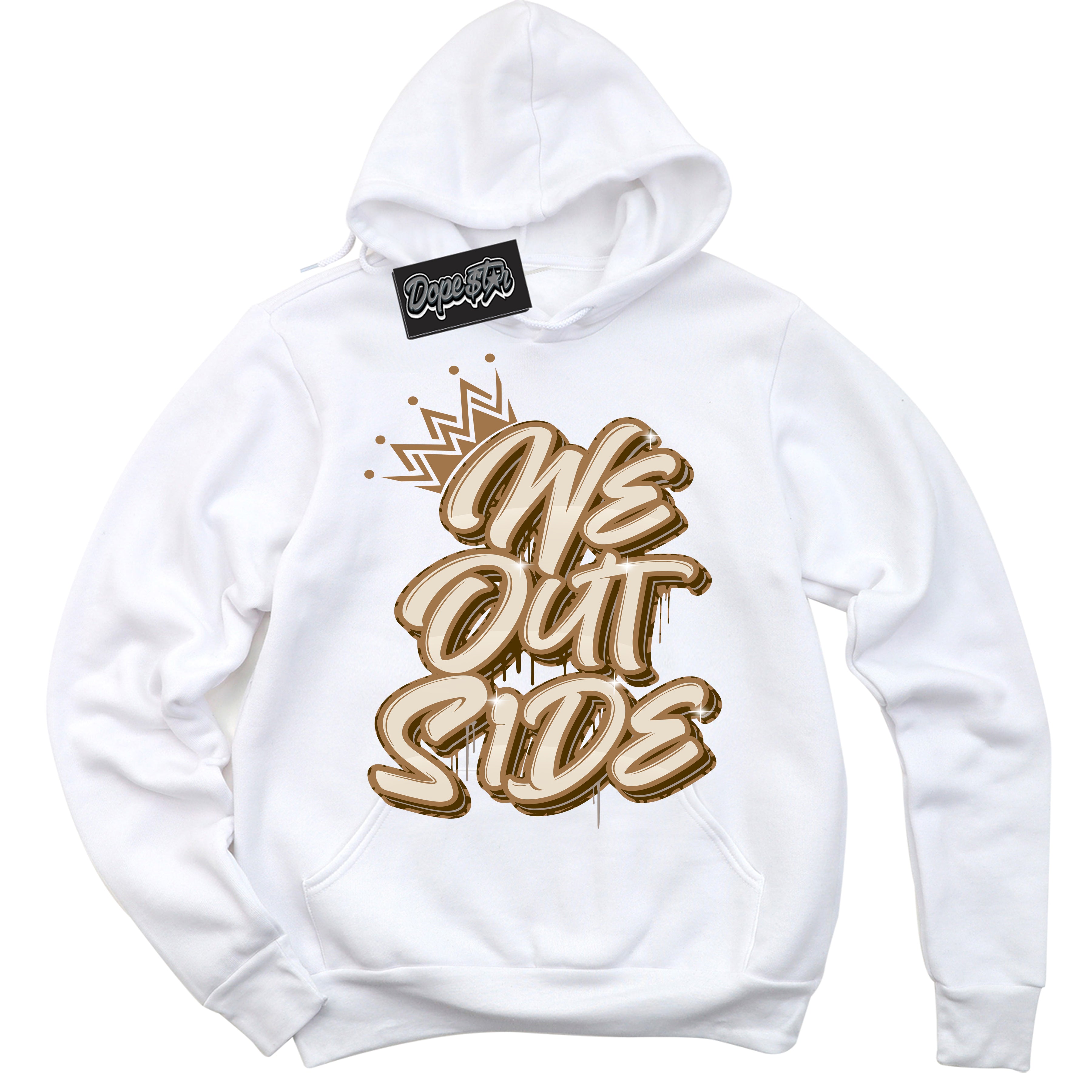 Cool White Graphic DopeStar Hoodie with “ We Outside “ print, that perfectly matches Palomino 3s sneakers