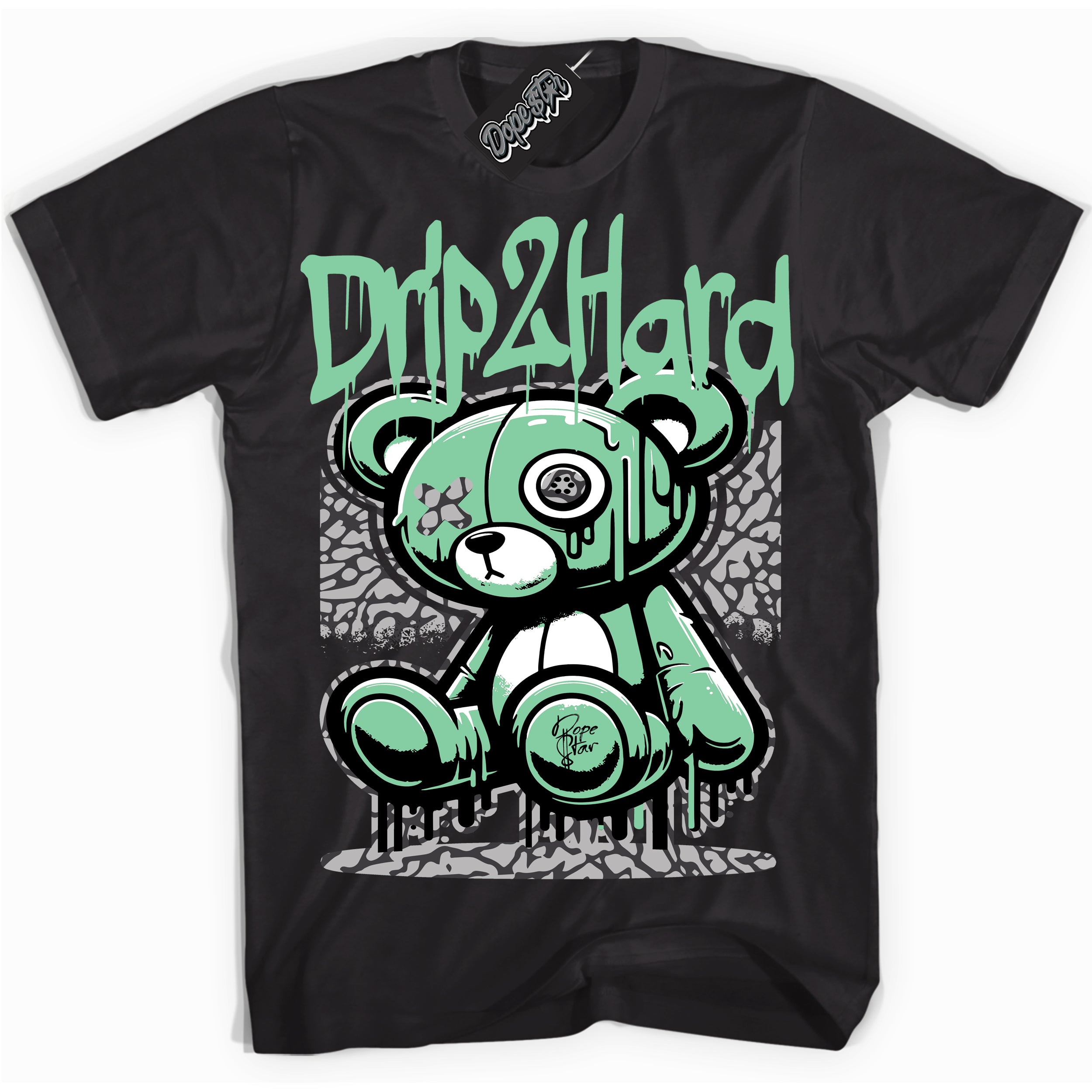 Cool Black graphic tee with “ Drip 2 Hard ” design, that perfectly matches Green Glow 3s sneakers