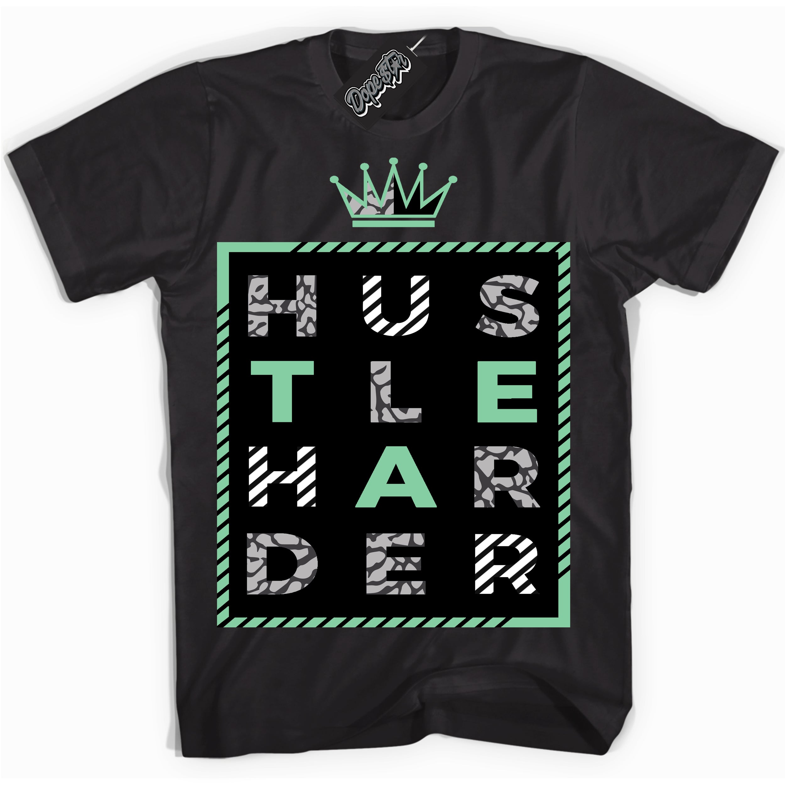 Cool Black graphic tee with “ Hustle Harder ” design, that perfectly matches Green Glow 3s sneakers