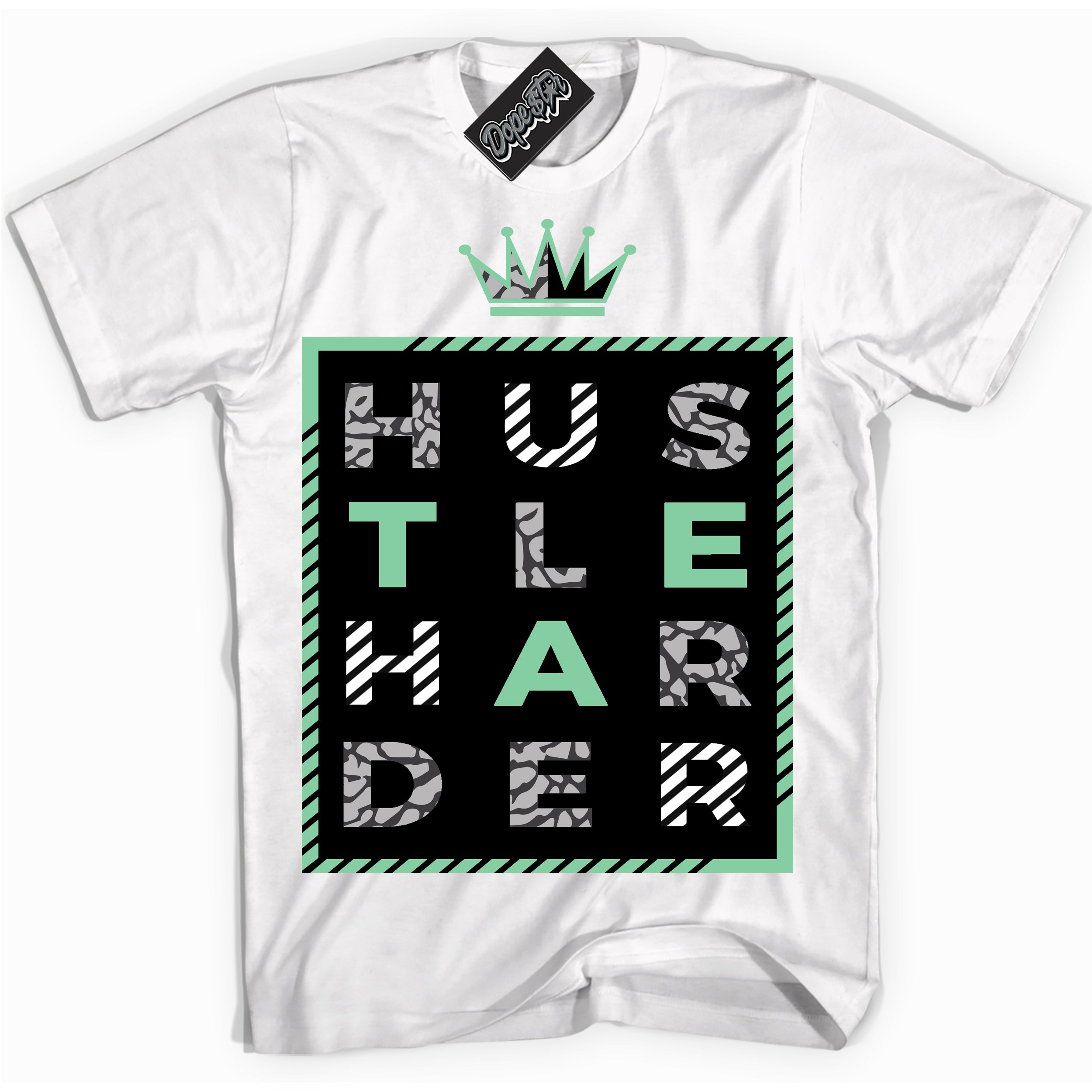 Cool White graphic tee with “ Hustle Harder ” design, that perfectly matches Green Glow 3s sneakers