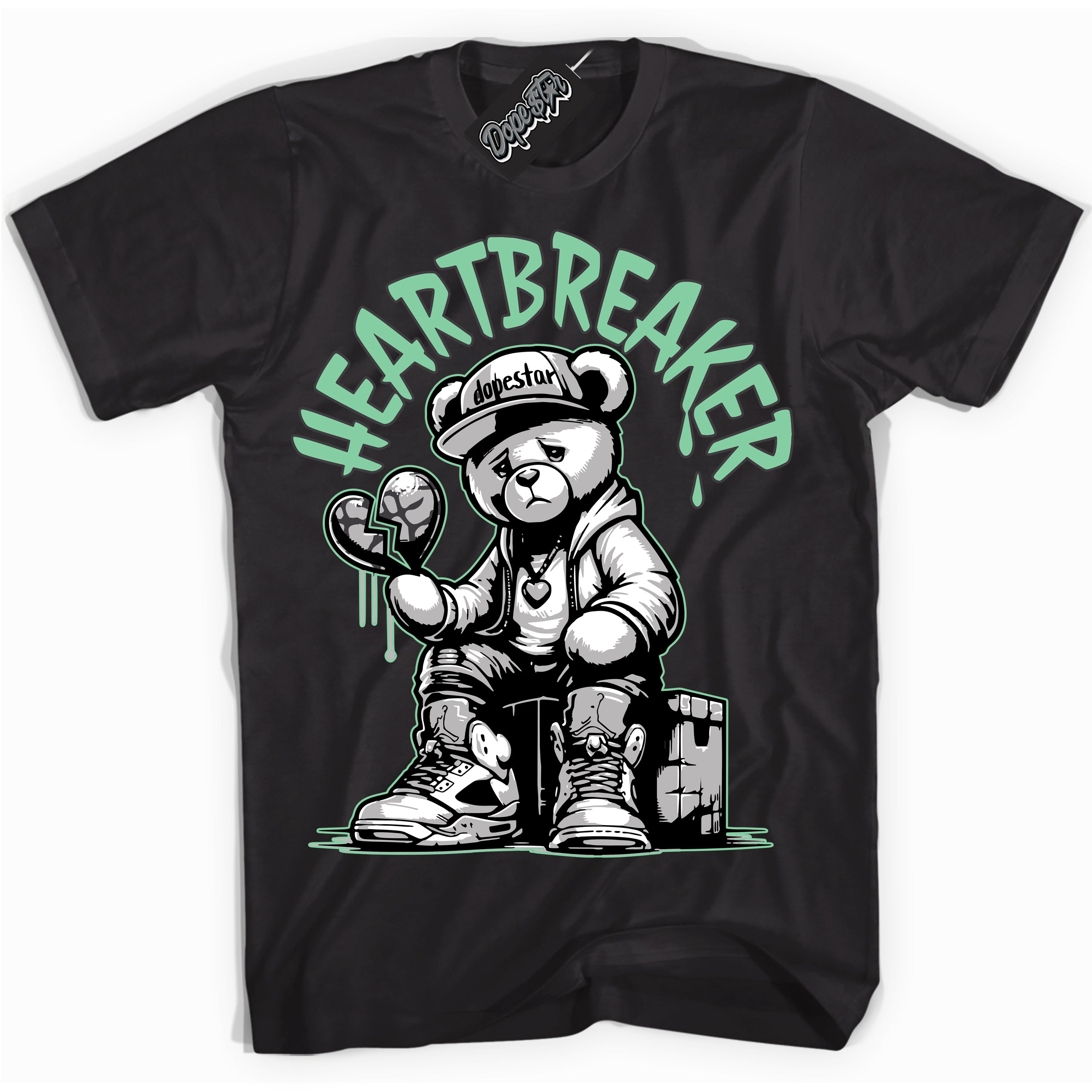 Cool Black graphic tee with “ Heartbreaker Bear ” design, that perfectly matches Green Glow 3s sneakers