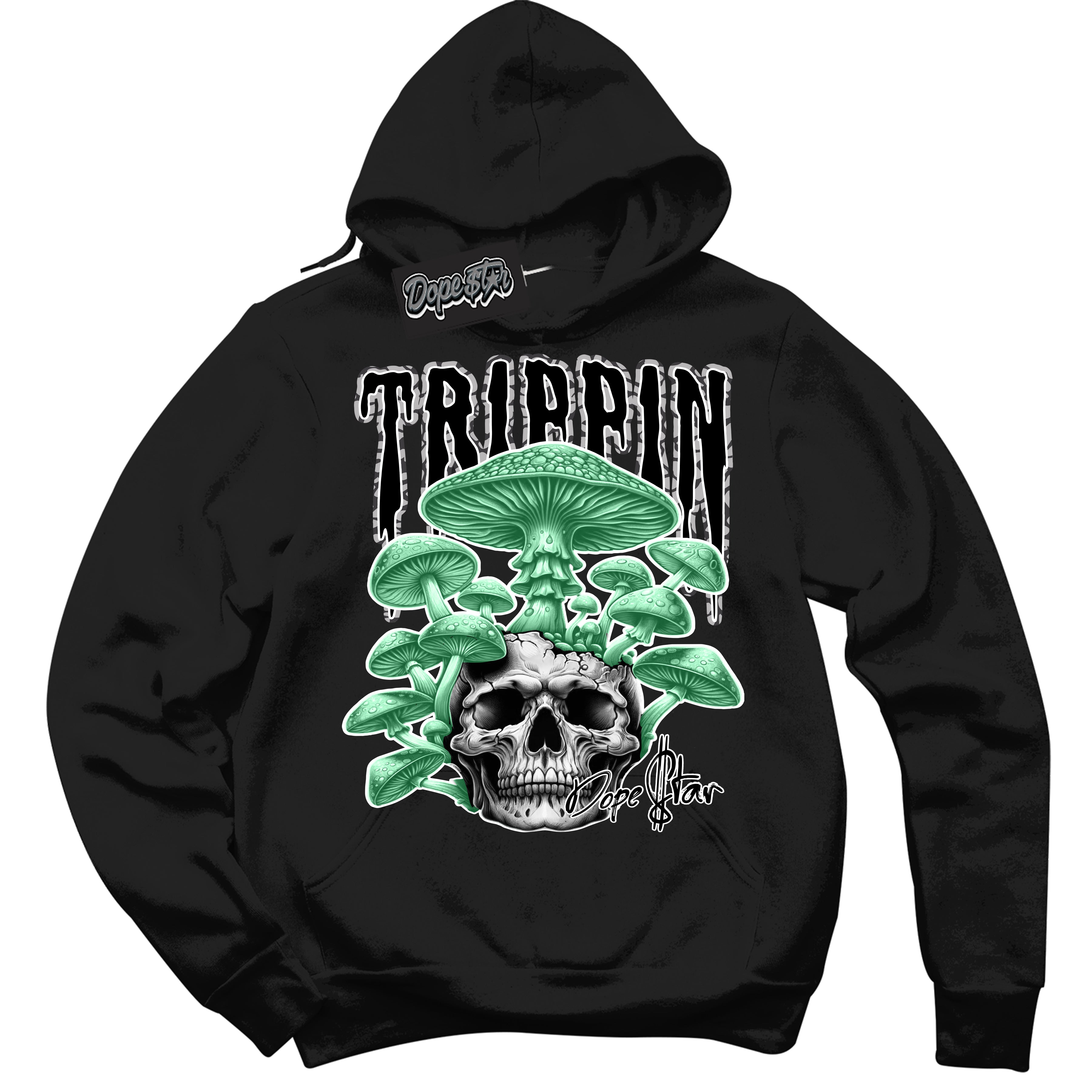 Cool Black Hoodie with “ Trippin” design that Perfectly Matches Green Glow 3s Sneakers.