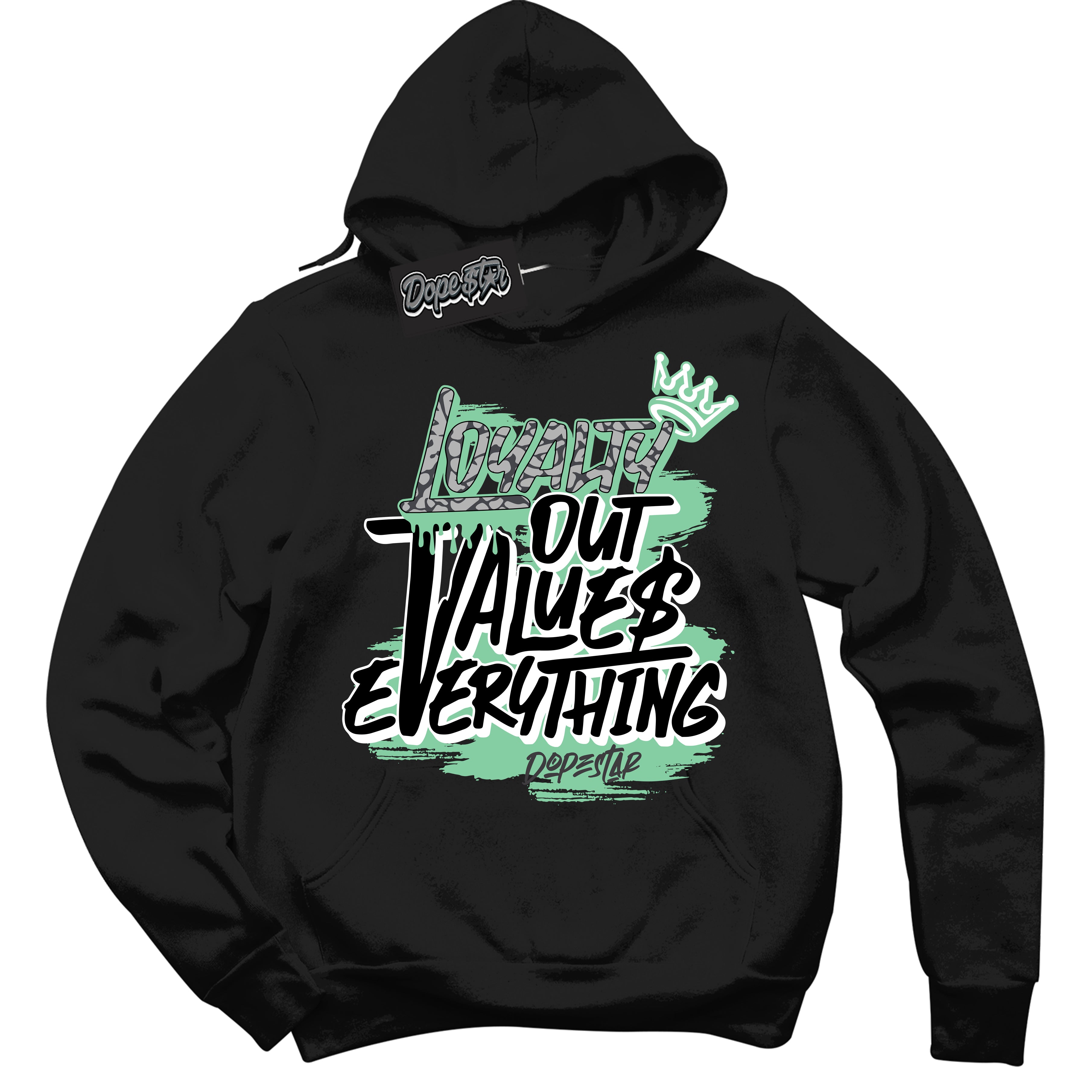Cool Black Hoodie with “ Loyalty Out Values Everything ” design that Perfectly Matches Green Glow 3s Sneakers.