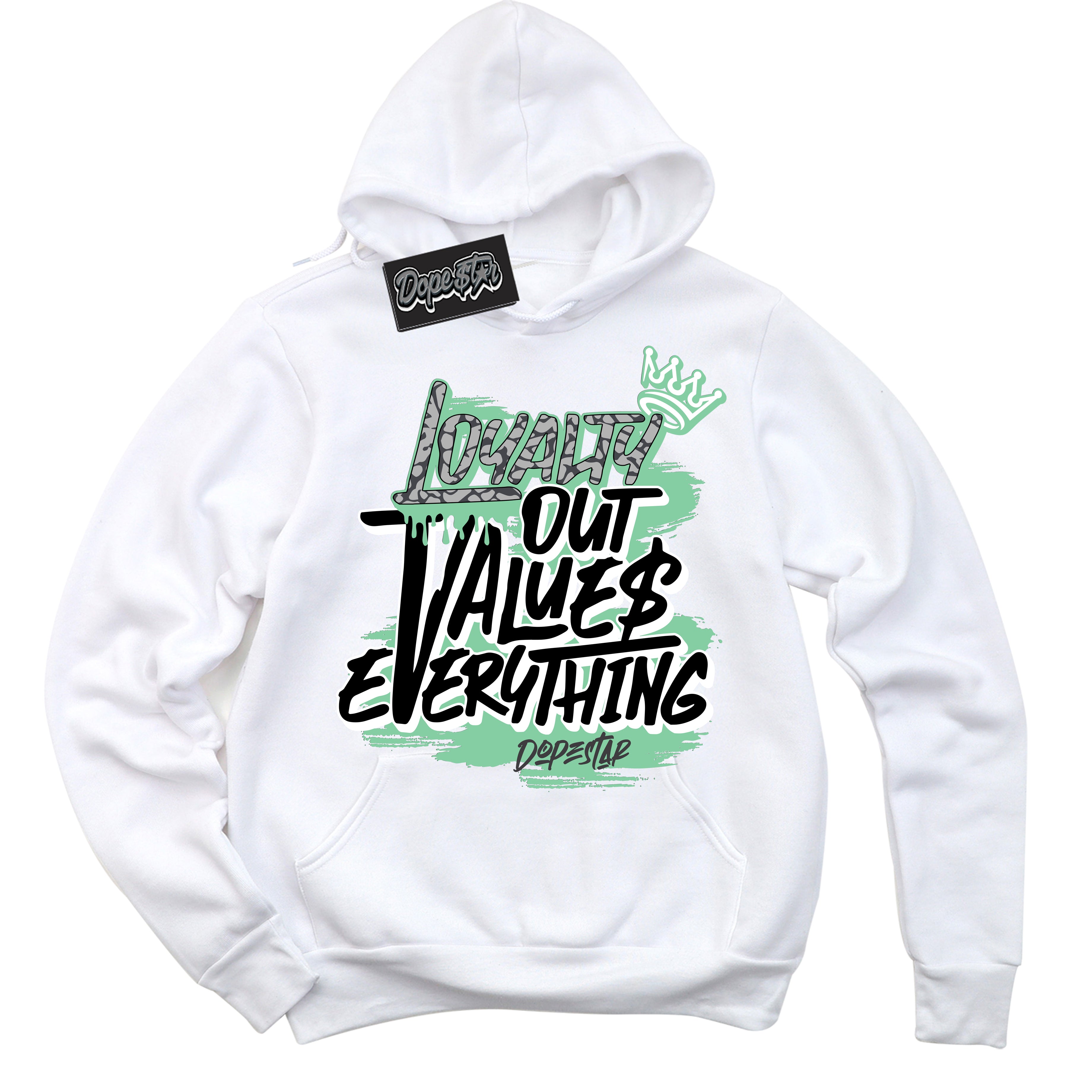 Cool White Hoodie with “ Loyalty Out Values Everything ” design that Perfectly Matches Green Glow 3s Sneakers.