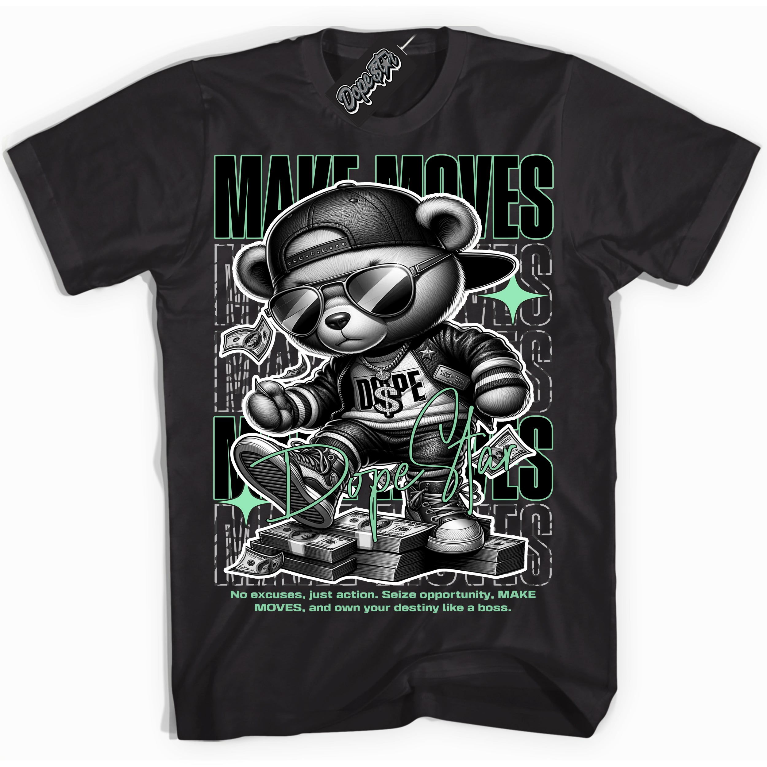 Cool Black Shirt with “ Makin Moves” design that perfectly matches Green Glow 3s Sneakers.