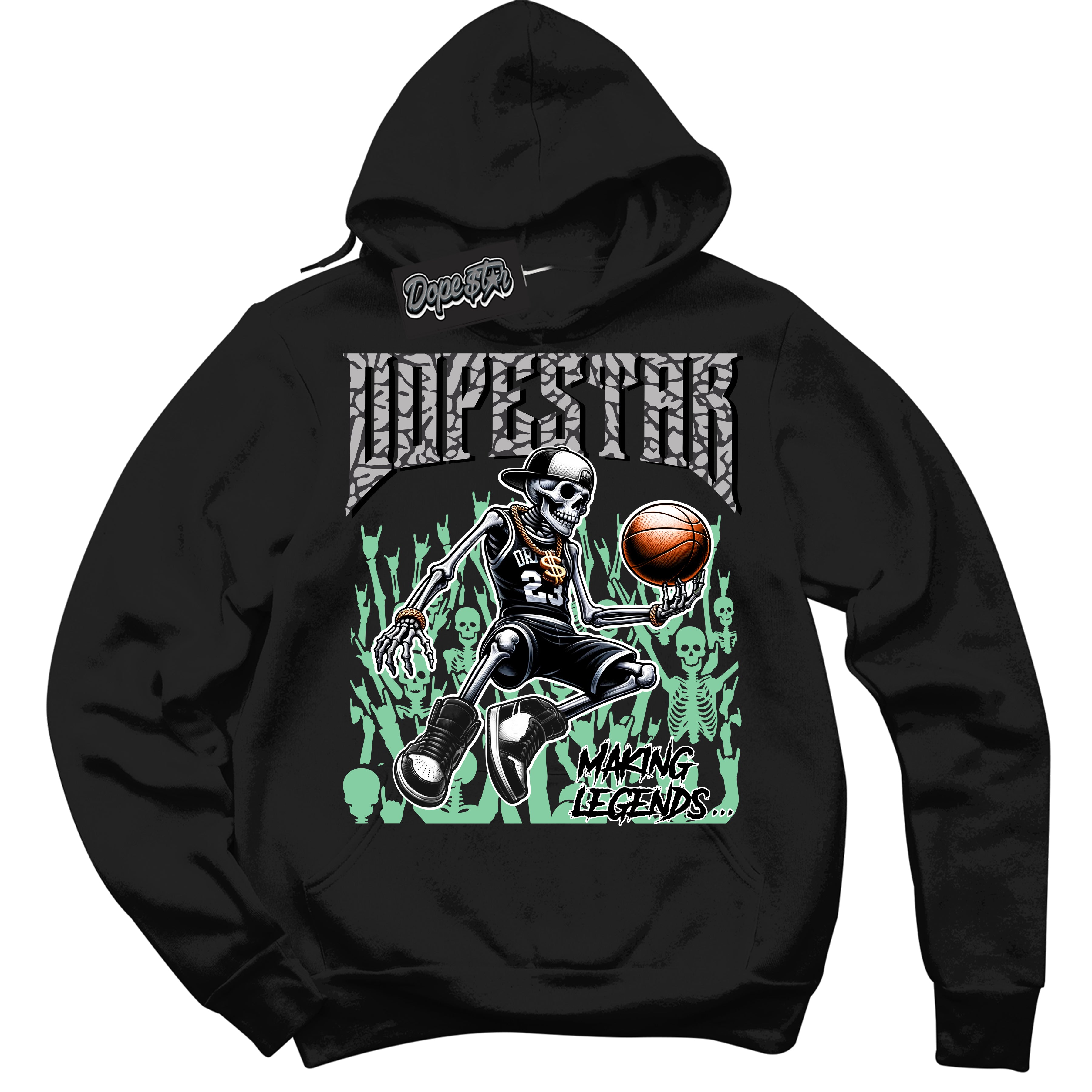 Cool Black Hoodie with “ Making Legends ” design that Perfectly Matches Green Glow 3s Sneakers.