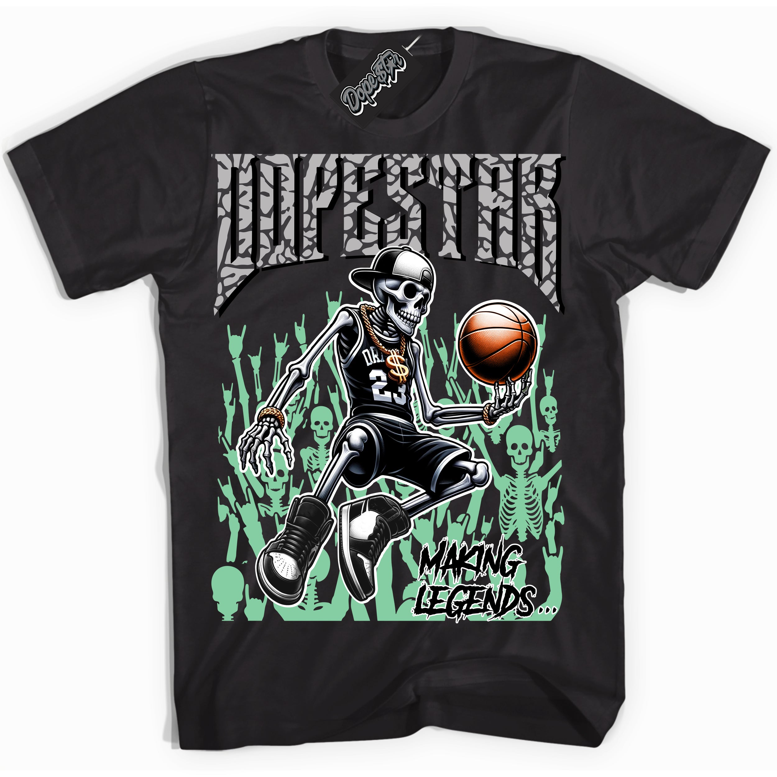 Cool Black Shirt with “ Making Legends ” design that perfectly matches Green Glow 3s Sneakers.