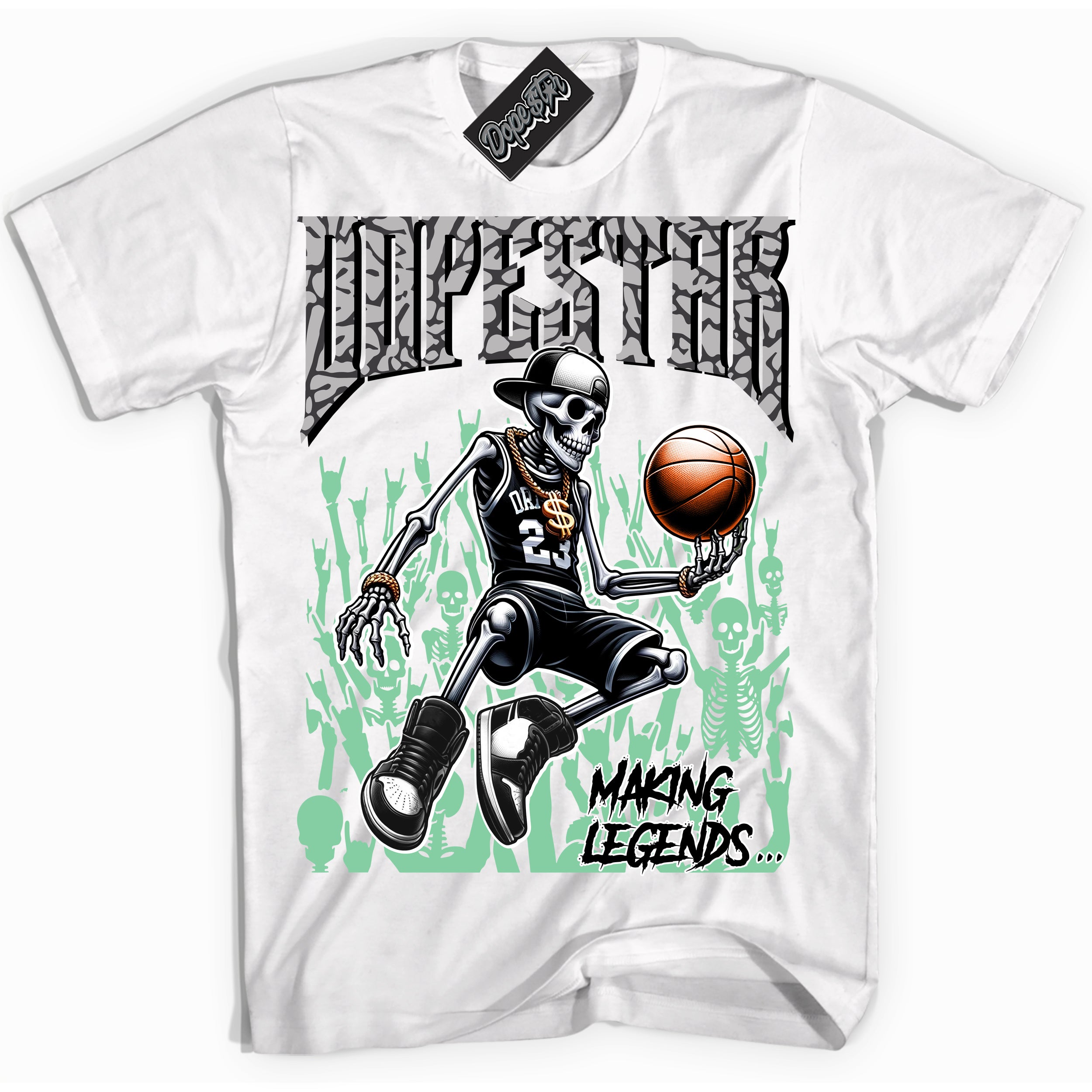 Cool White Shirt with “ Making Legends ” design that perfectly matches Green Glow 3s Sneakers.