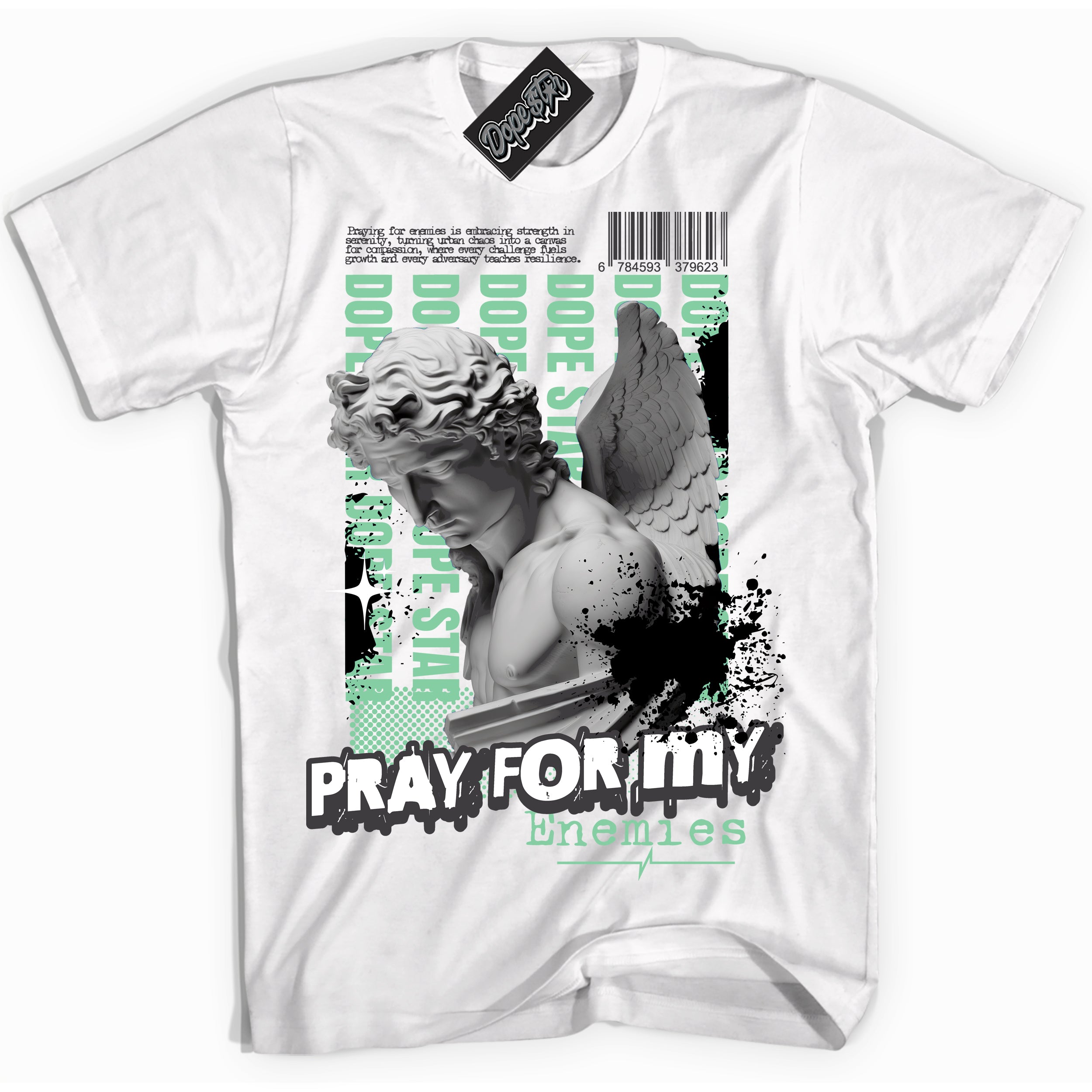 Cool White Shirt with “ Pray Enemies” design that perfectly matches Green Glow 3s Sneakers.
