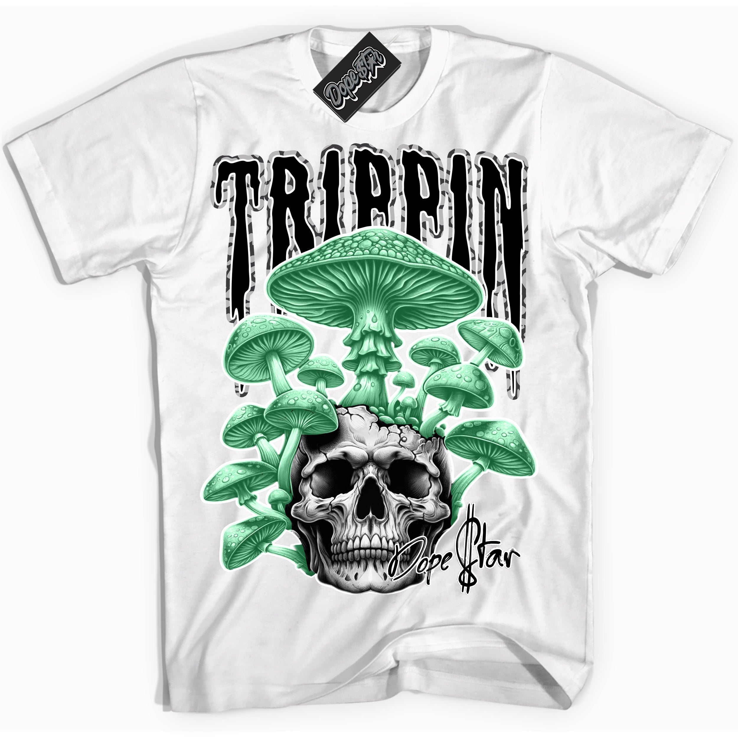 Cool White Shirt with “ Trippin” design that perfectly matches Green Glow 3s Sneakers.