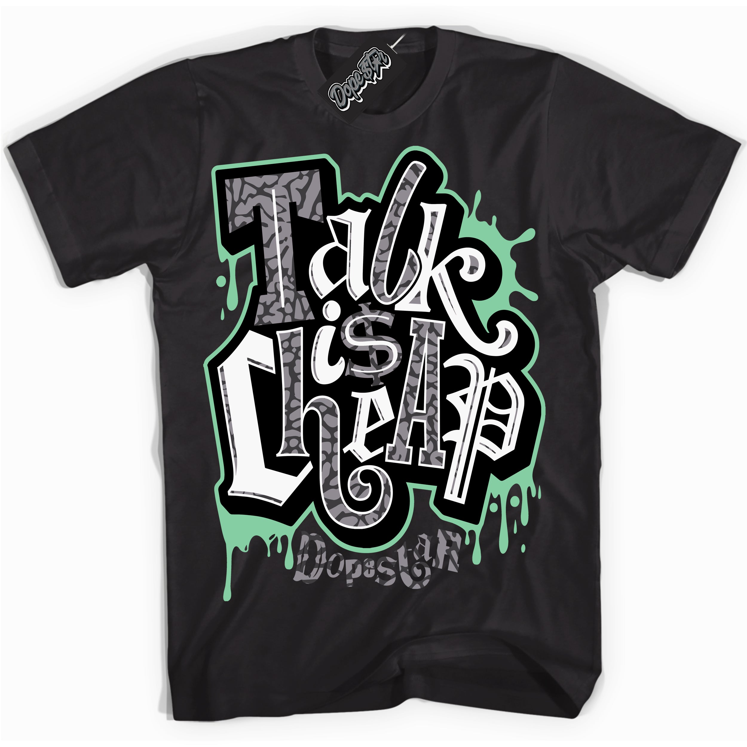 Cool Black graphic tee with “ Talk Is Cheap ” design, that perfectly matches Green Glow 3s sneakers