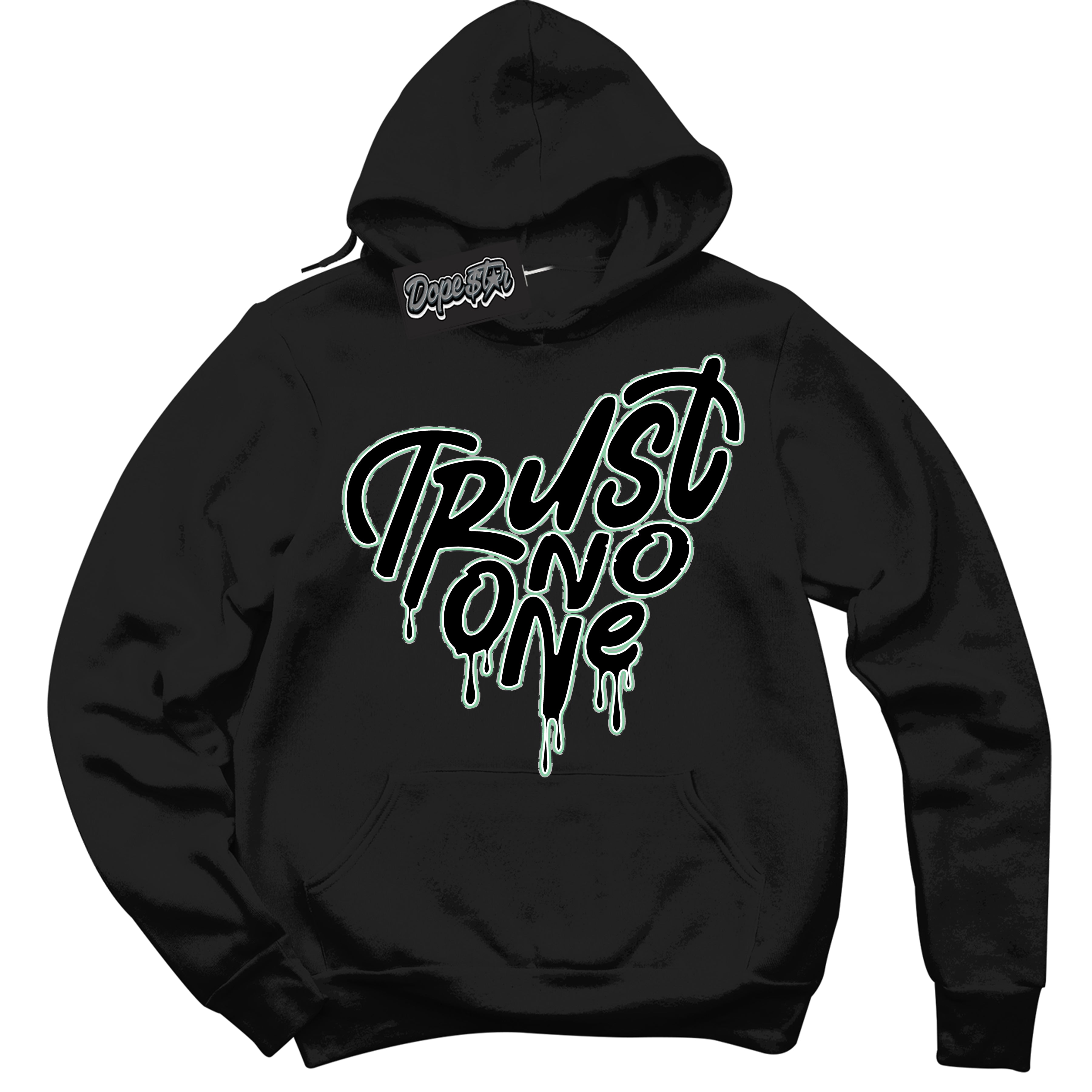 Cool Black Graphic DopeStar Hoodie with “ Trust No One Heart “ print, that perfectly matches Green Glow 3S sneakers