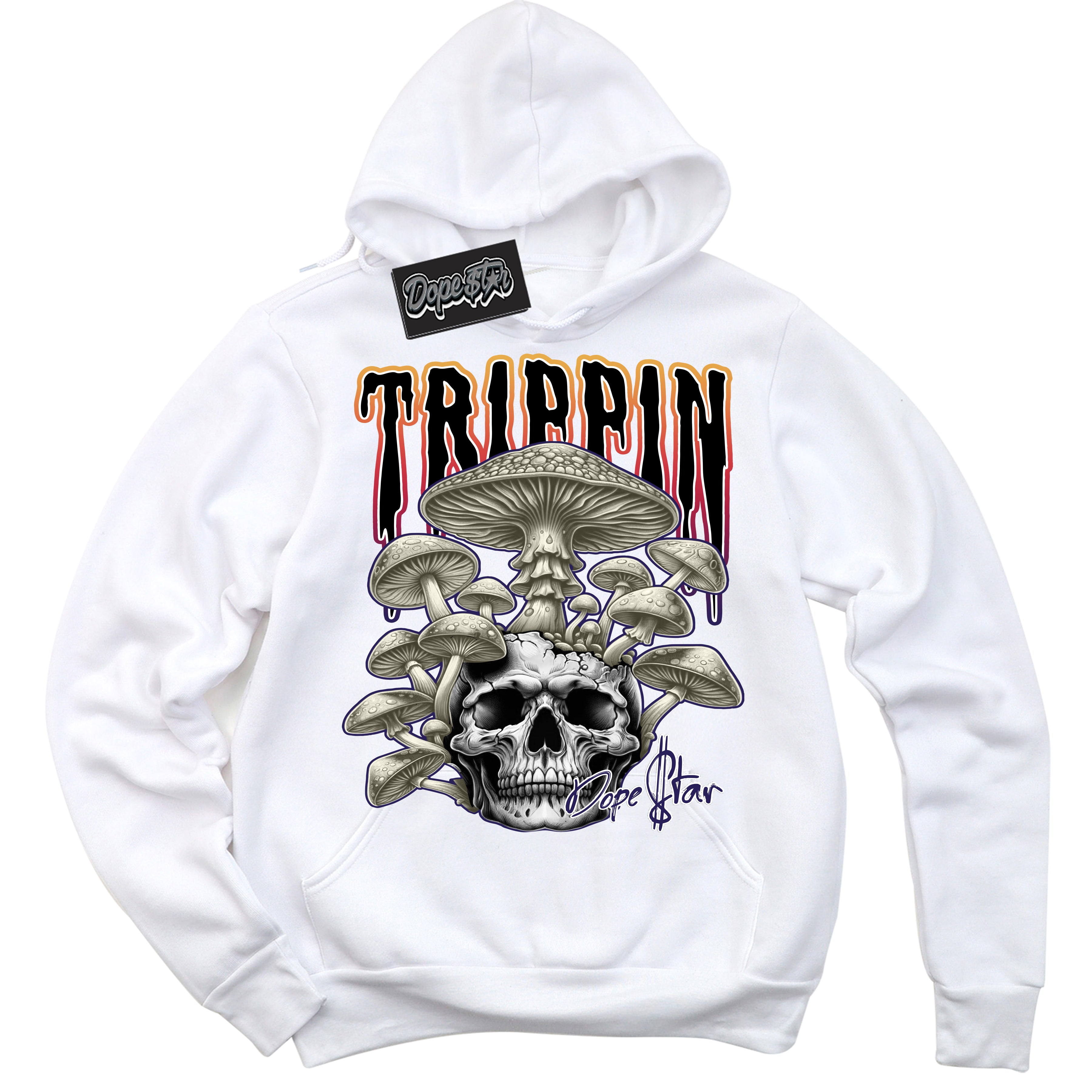 Cool White Hoodie with “ Trippin” design that Perfectly Matches J Balvin Sunset 3s Sneakers.
