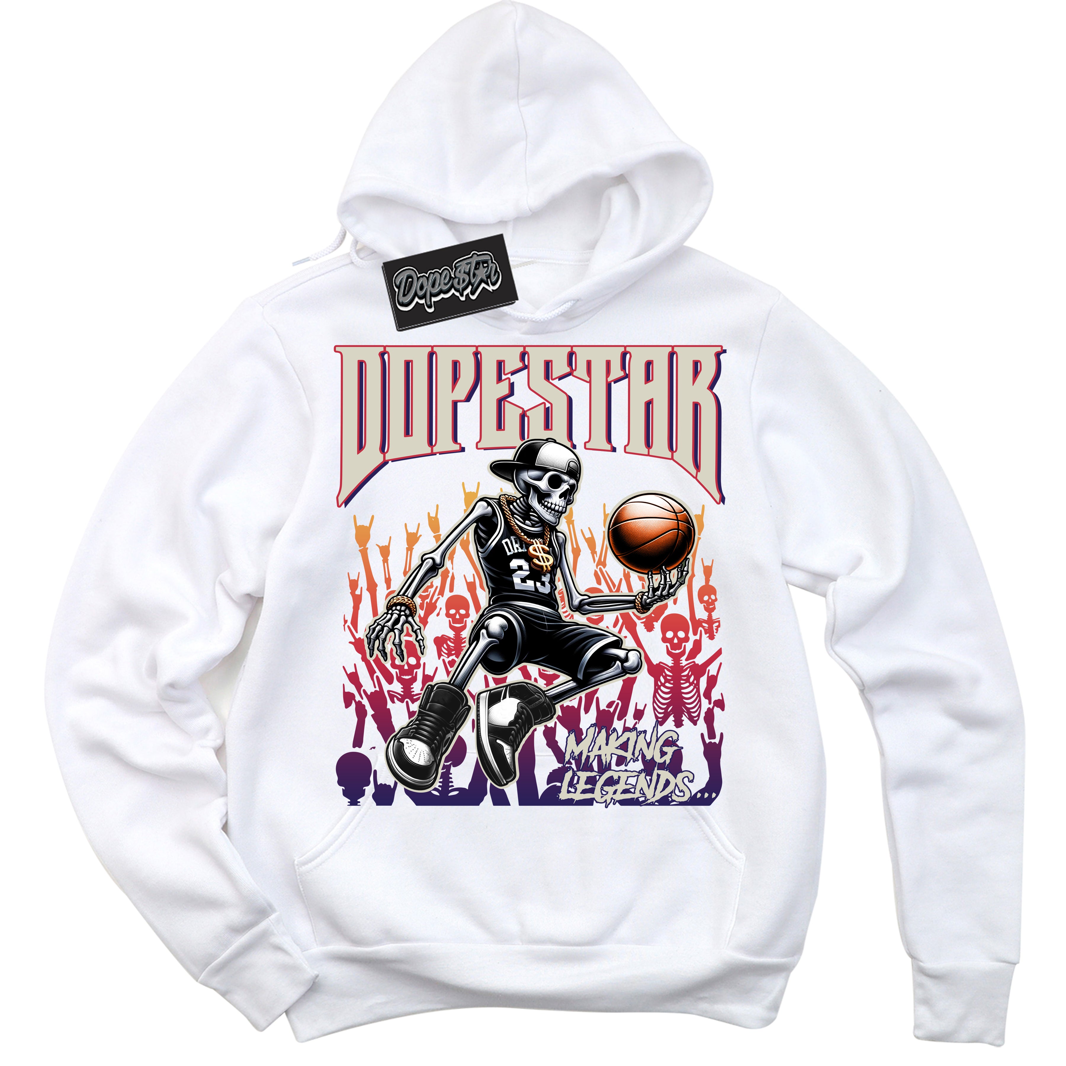 Cool White Hoodie with “ Making Legends ” design that Perfectly Matches J Balvin Sunset 3s Sneakers.