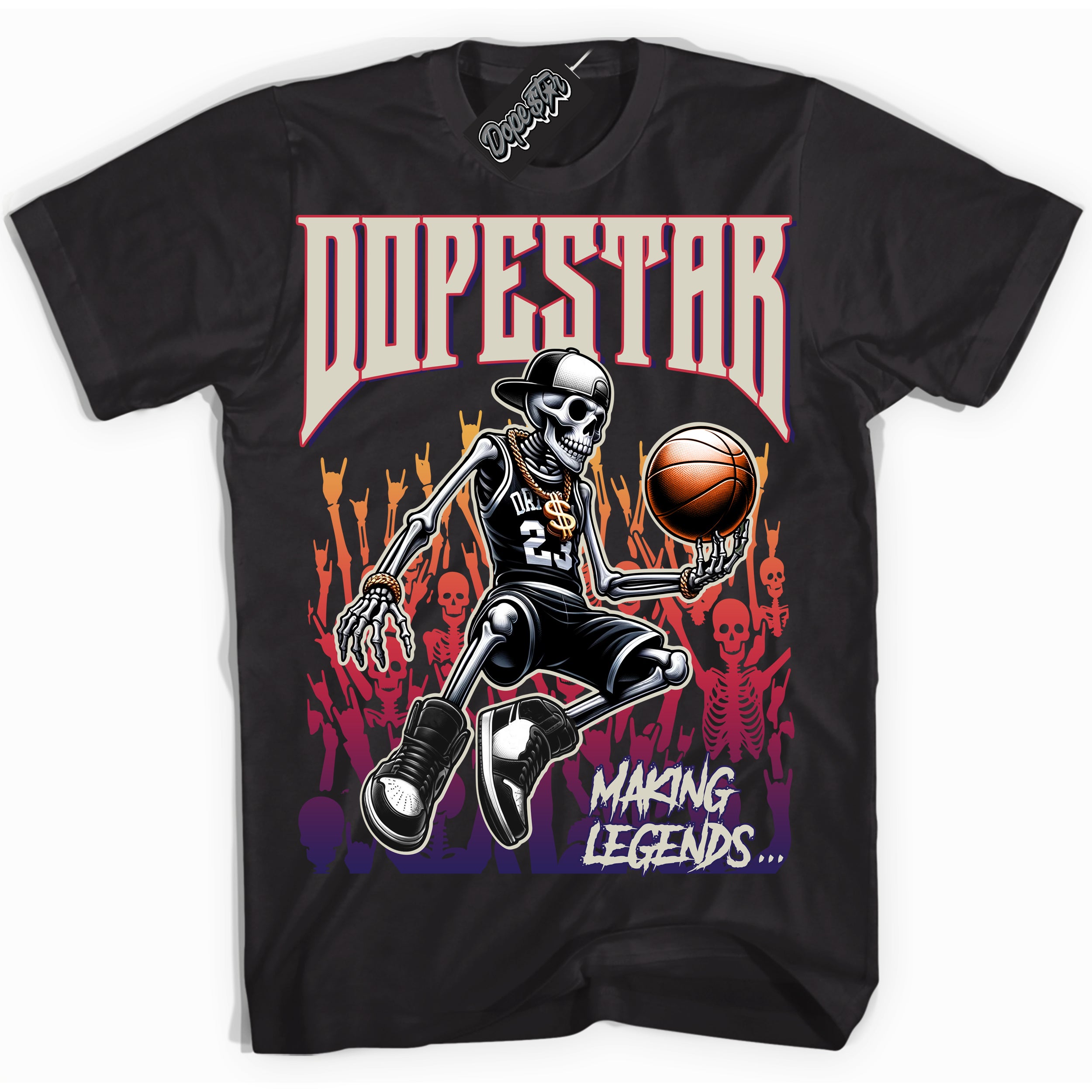 Cool Black Shirt with “ Making Legends ” design that perfectly matches J Balvin Sunset 3s Sneakers.