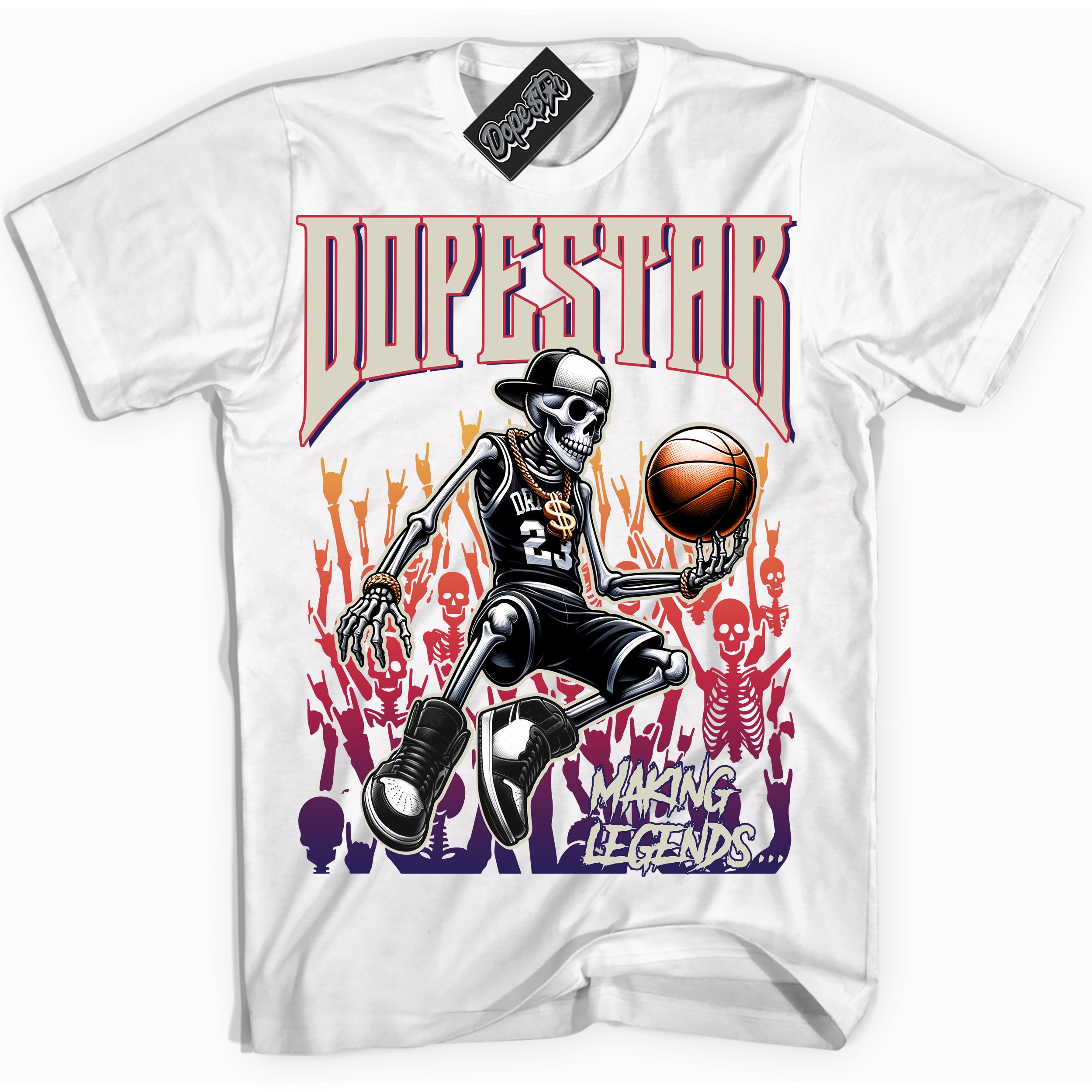 Cool White Shirt with “ Making Legends ” design that perfectly matches J Balvin Sunset 3s Sneakers.
