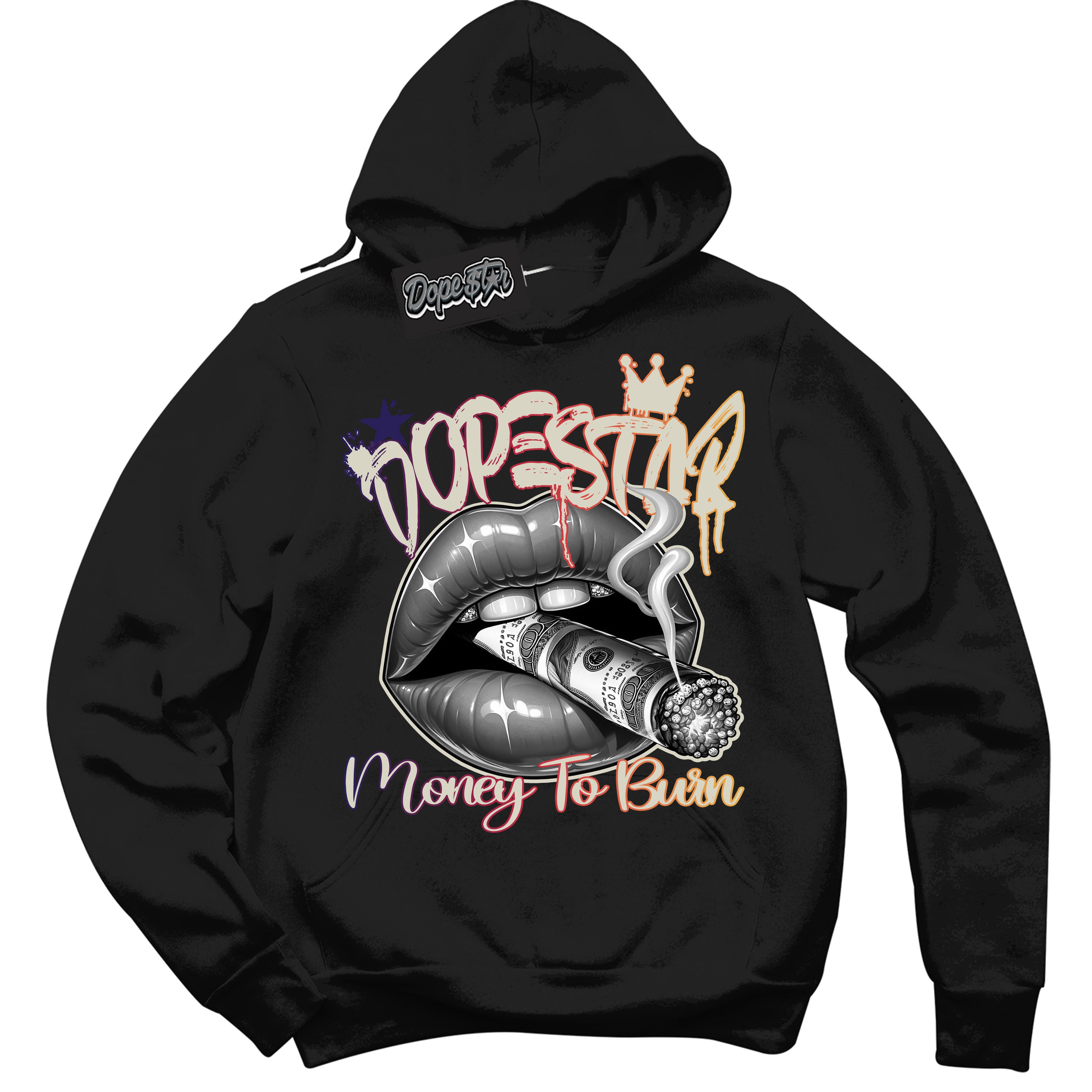 Cool Black Hoodie with “ Money To Burn ” design that Perfectly Matches J Balvin Medellin Sunset 3s Sneakers.