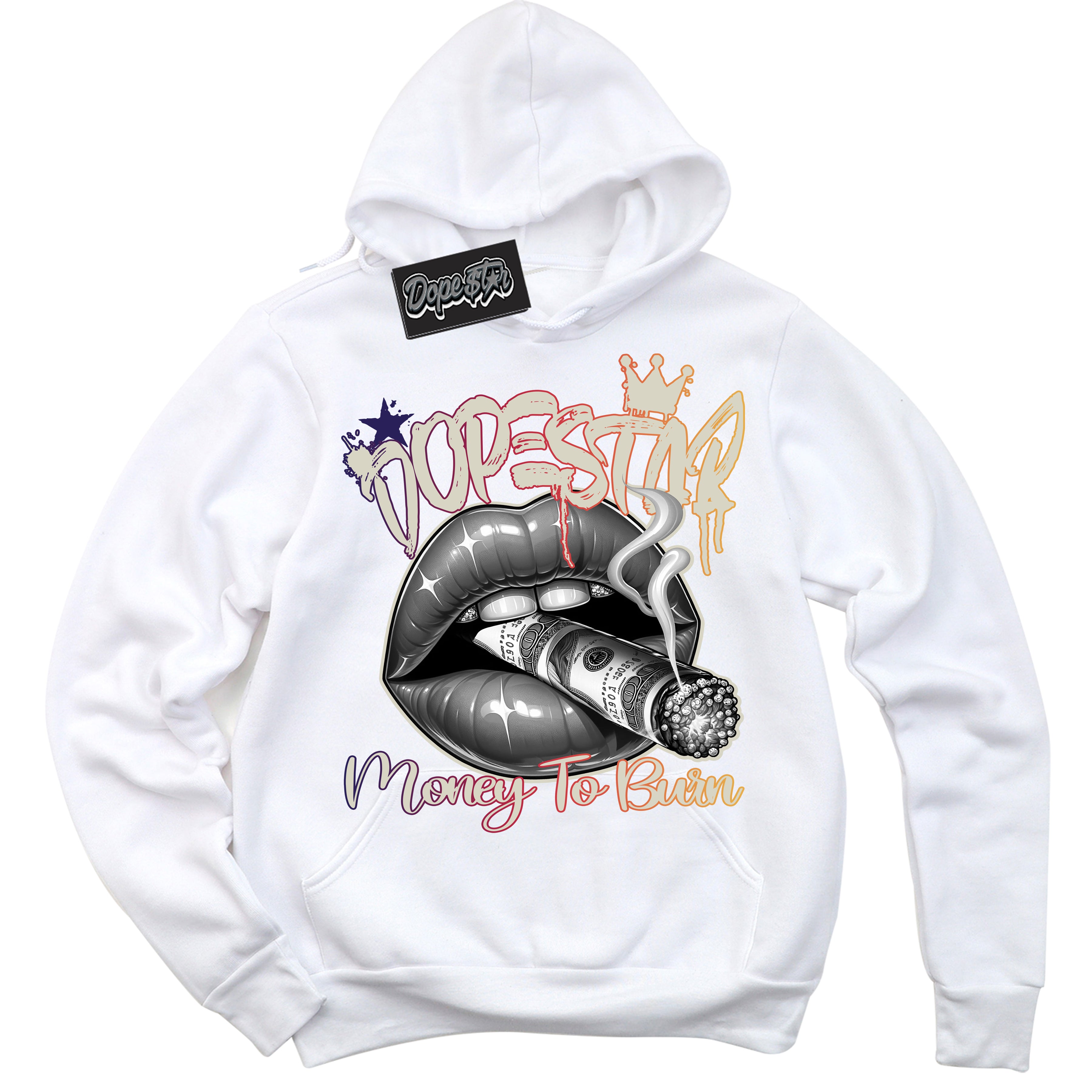 Cool White Hoodie with “ Money To Burn ” design that Perfectly Matches J Balvin Medellin Sunset 3s Sneakers.