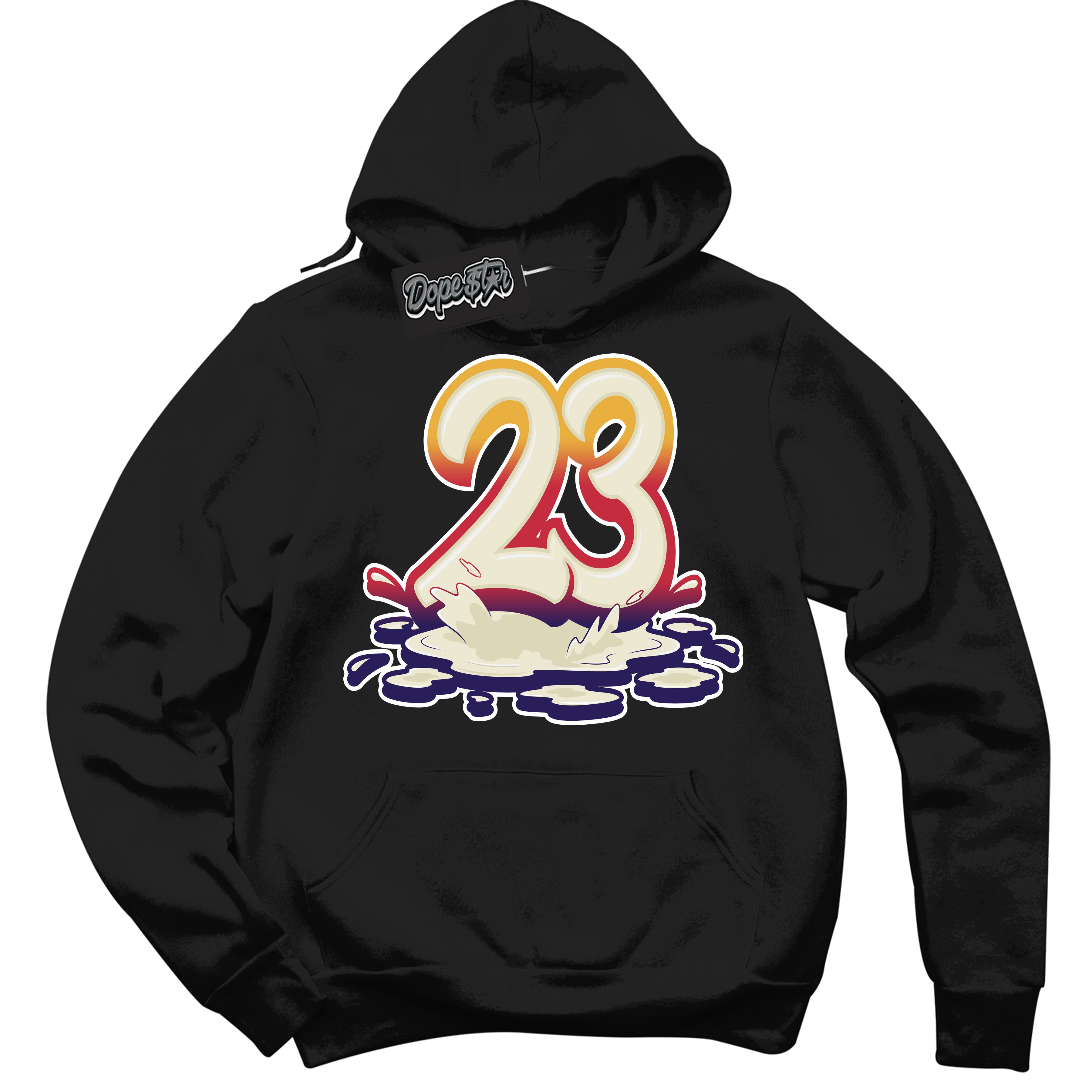 Cool Black Hoodie with “ 23 Melting ” design that Perfectly Matches J Balvin Sunset 3s Jordans.